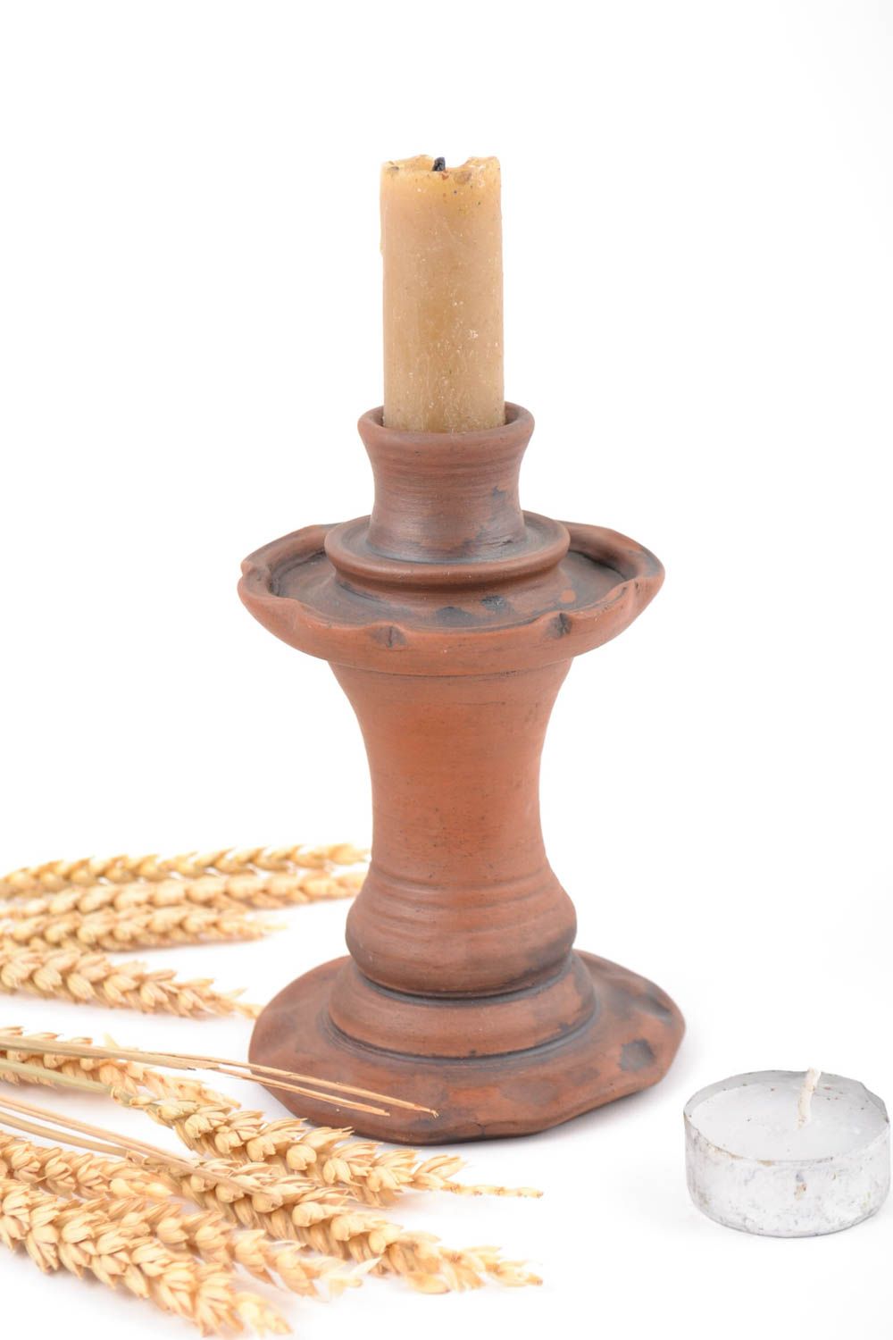 Unusual brown handmade clay candlestick kilned with milk for interior decor photo 1