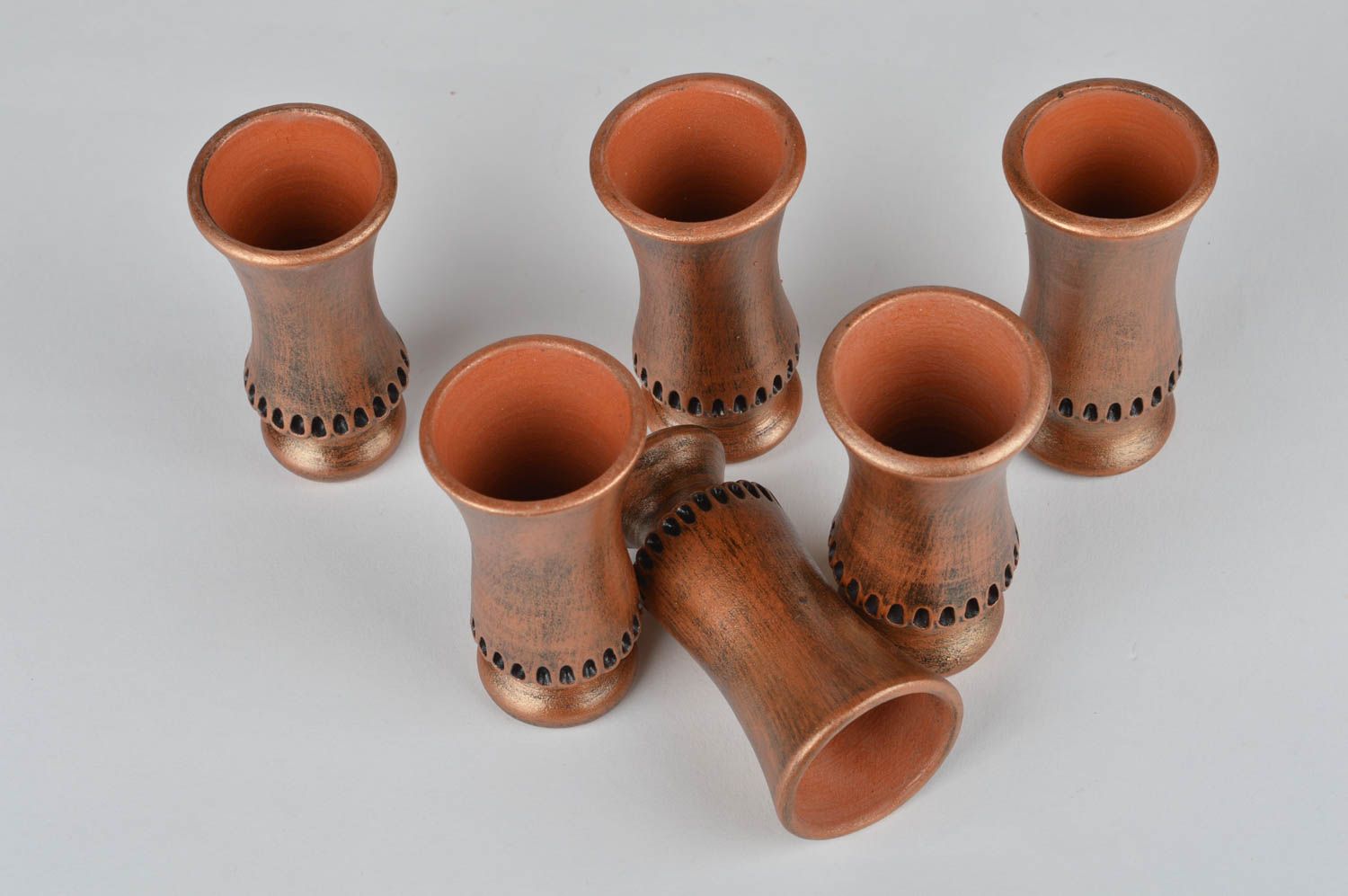Set of 6 handmade tall ceramic painted shot glasses painted in bronze color photo 2