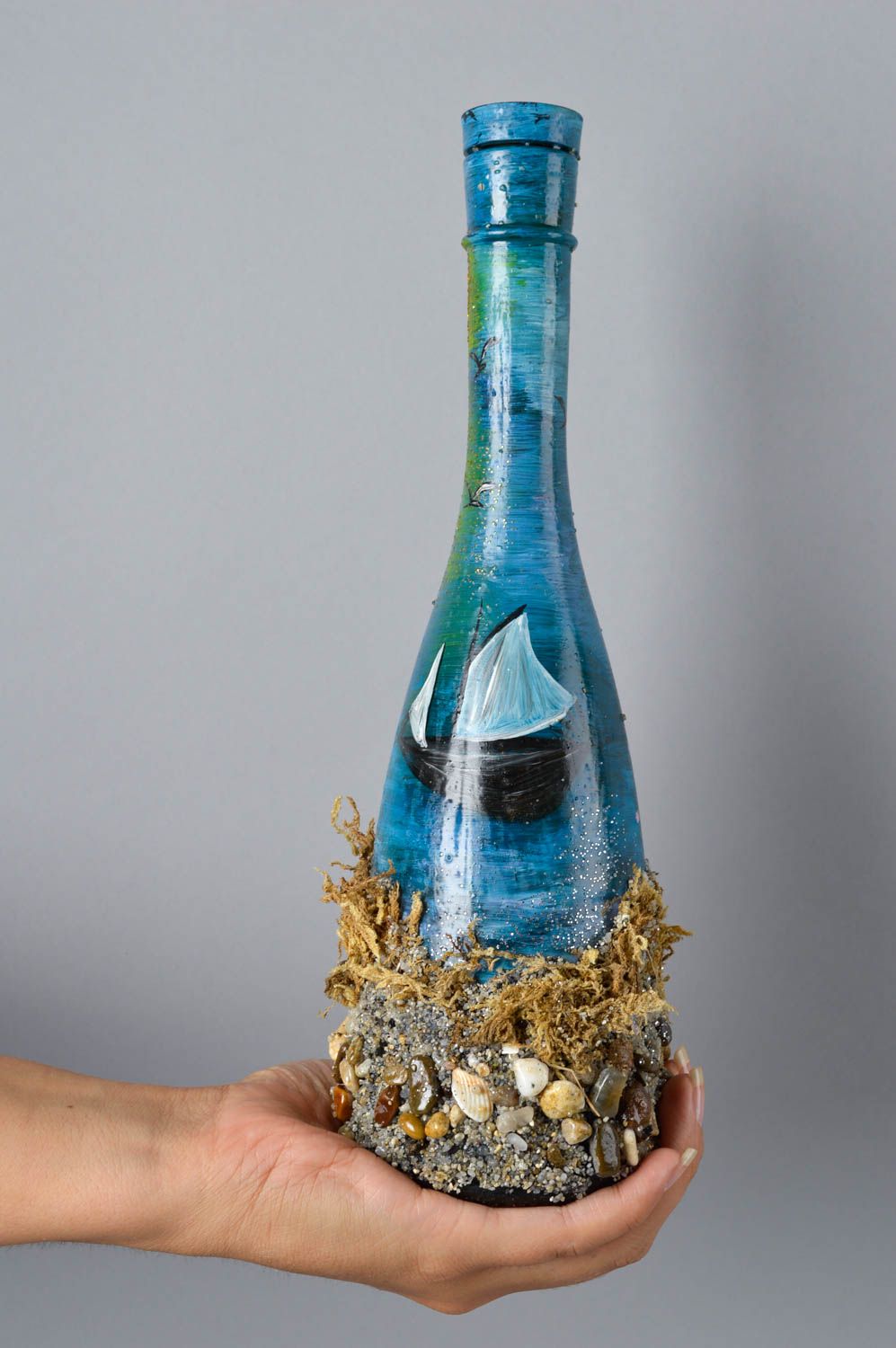 Стеклянная бутылка хэнд мэйд синяя с песком украшение для дома декор квартиры фото 5