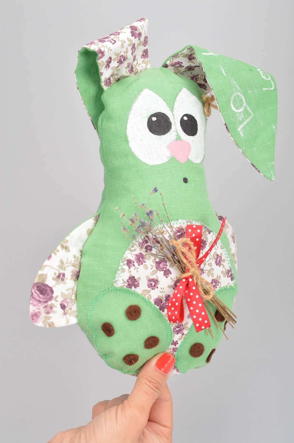 Handmade decorative soft toy sachet pillow green rabbit with lavender  photo 3