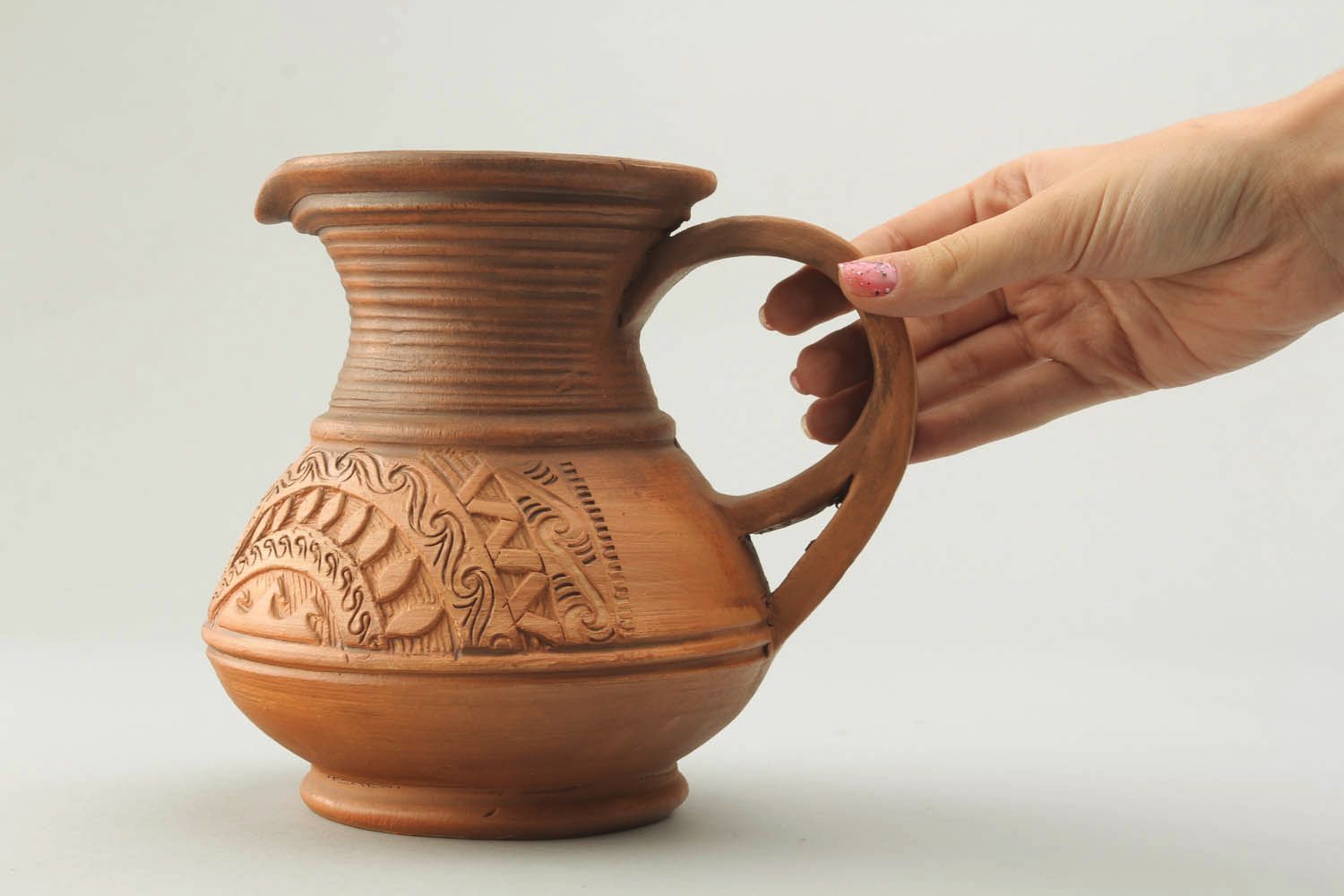 UNIQUE ceramic water pitcher with hand-carved decorations and handle 0,22 lb photo 2