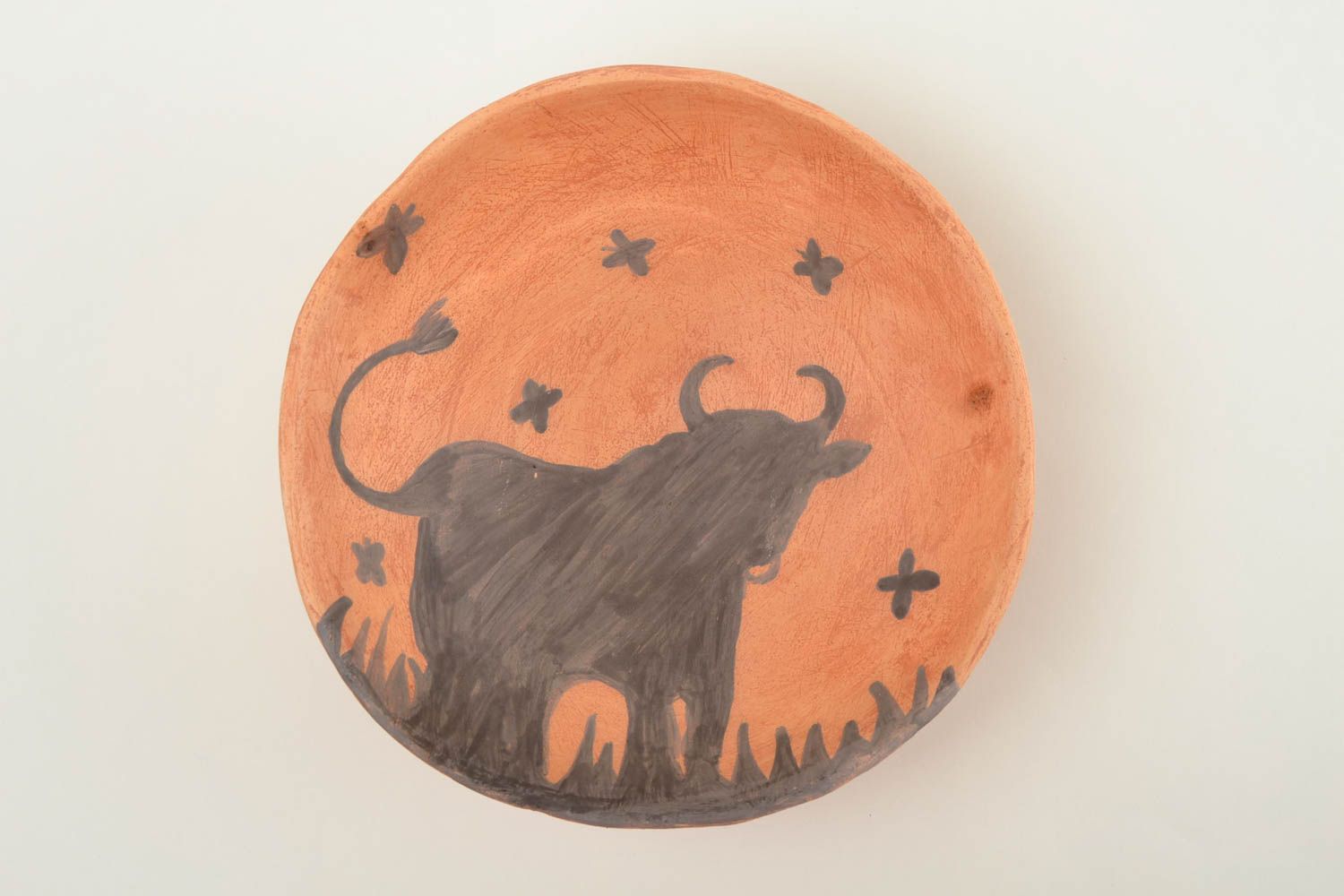 Handmade Schale aus Keramik bemalter Teller Geschirr aus Ton mit Stier Abbildung foto 3