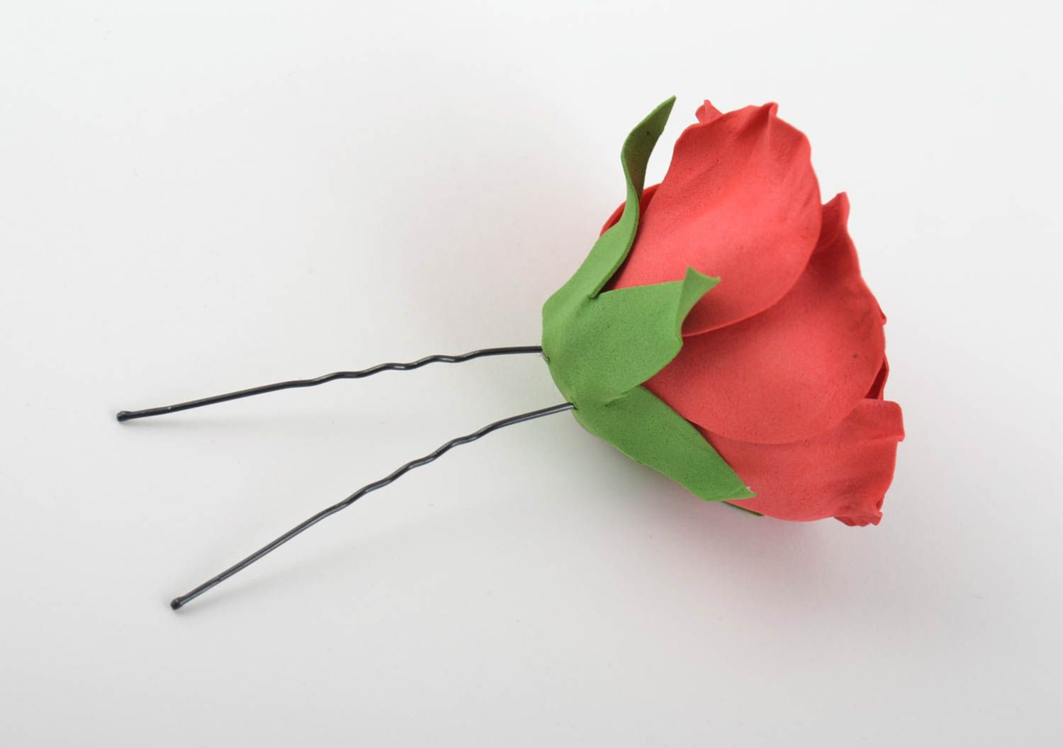 Handmade hair pin made of foamiran with large red elegant beautiful rose photo 7