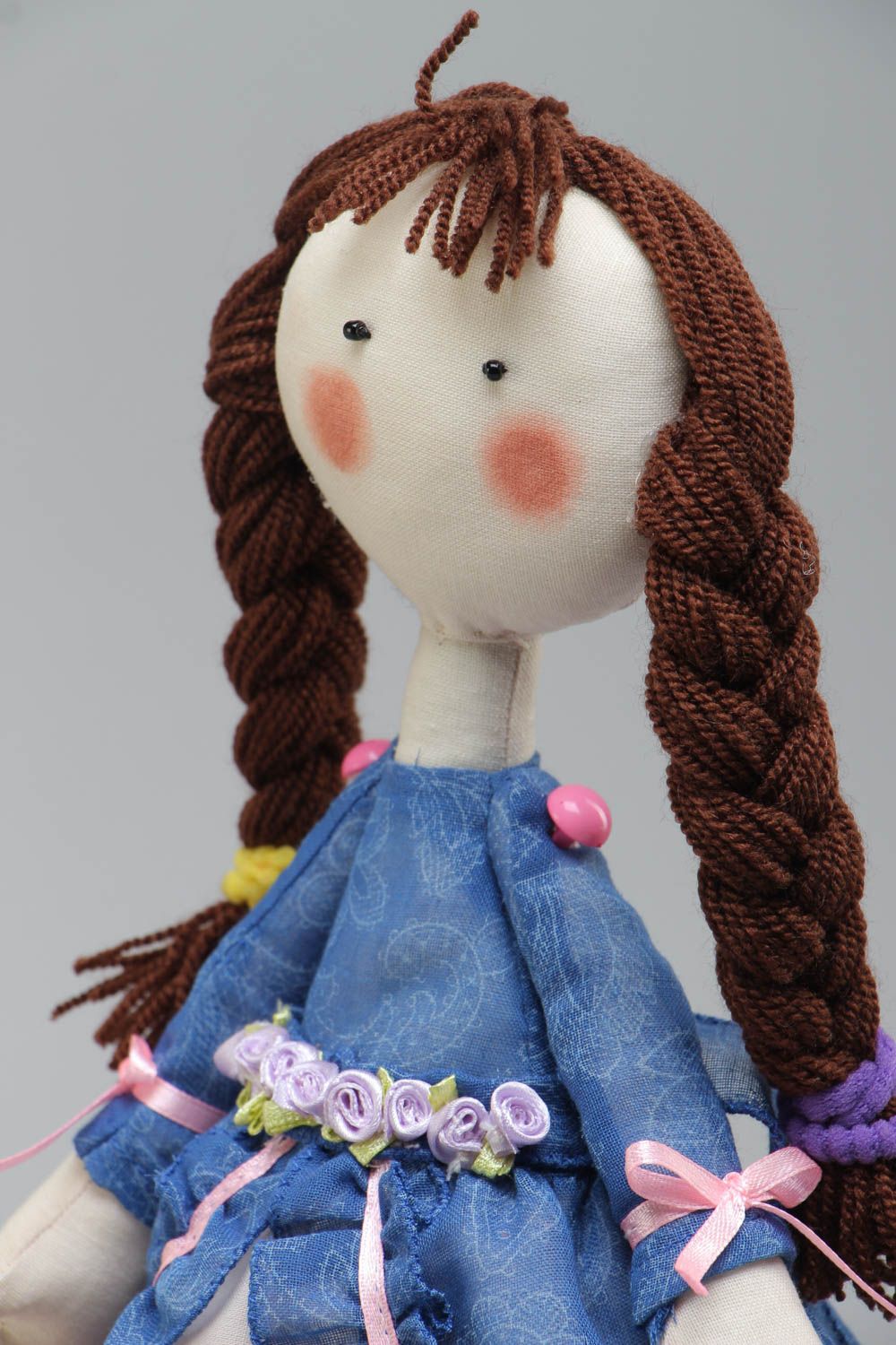 Handmade textile soft stuffed doll made of cotton fabric in blue dress photo 3