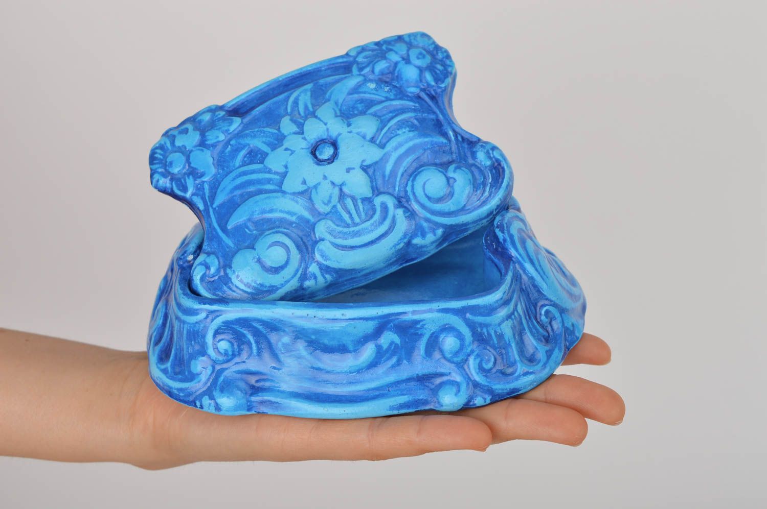 Joyero artesanal de yeso pintado azul caja para joyas regalo para mujer foto 4