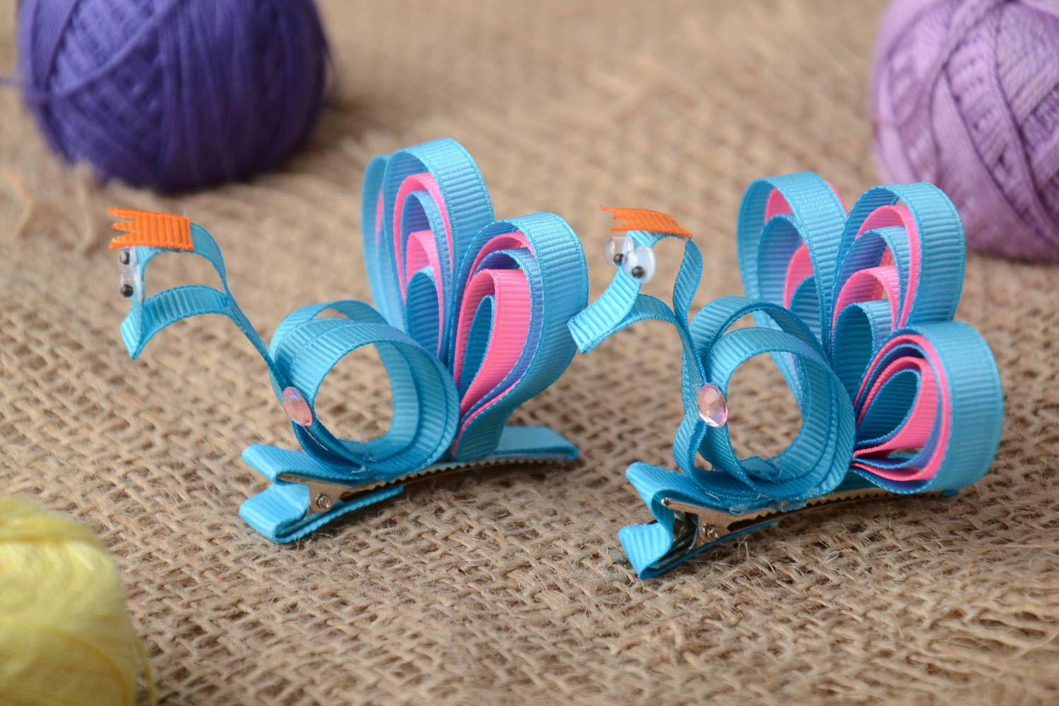 Set of handmade decorative hair clips with volume rep ribbon peacocks 2 items photo 1