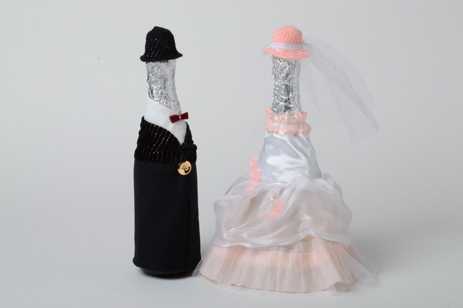Handmade wedding covers for champagne bottles sewn of satin Bride and Groom photo 2