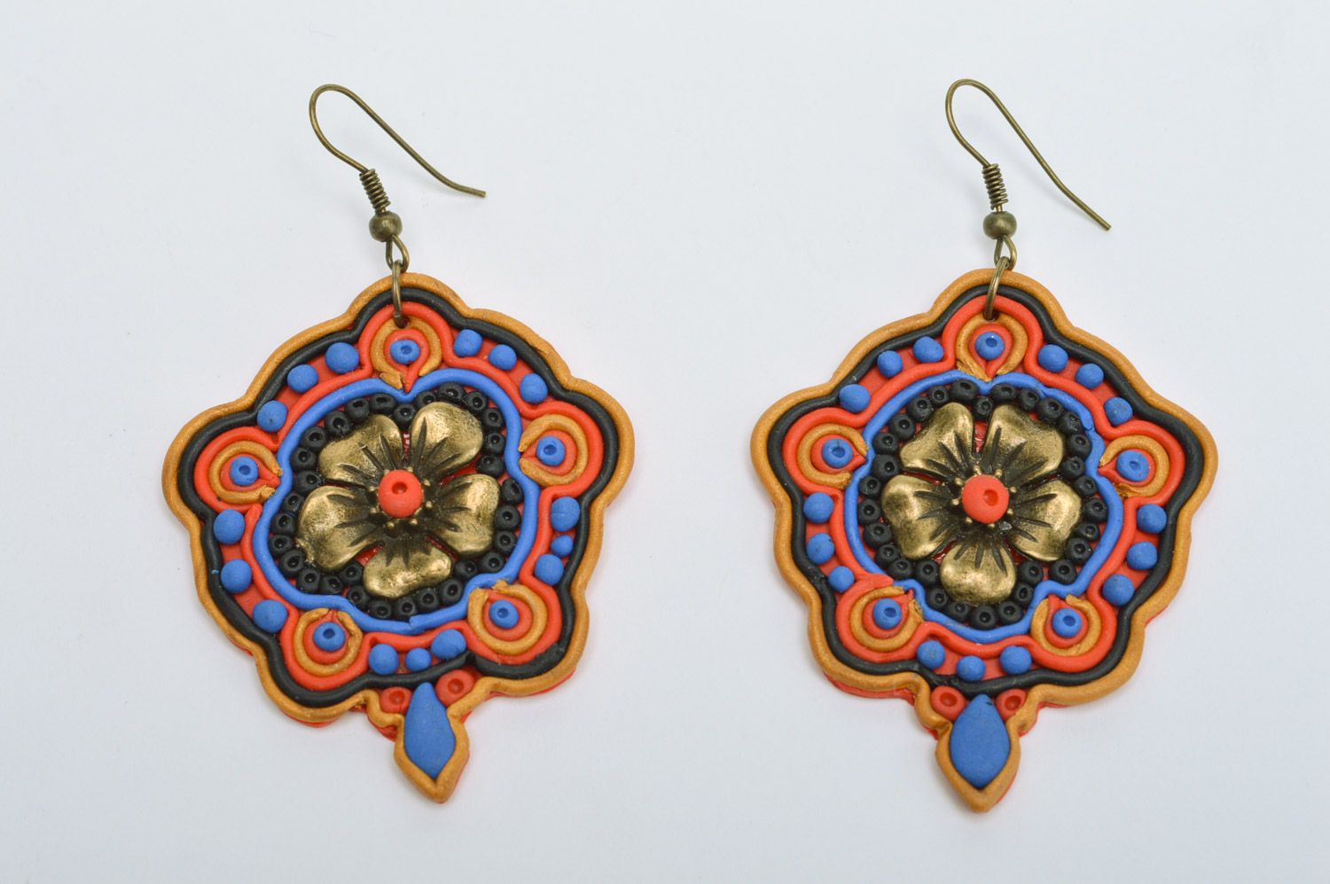 Stylish handmade massive polymer clay earrings with ornament in Orient style photo 4