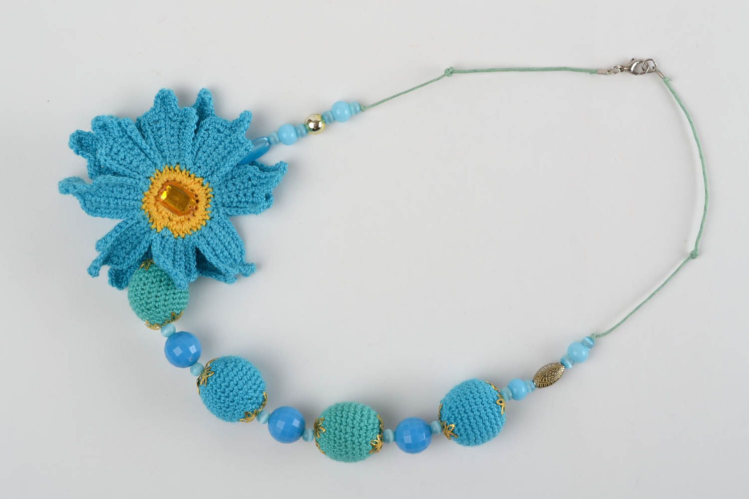 Handmade blue crochet ball necklace with beads and flower babywearing necklace photo 3