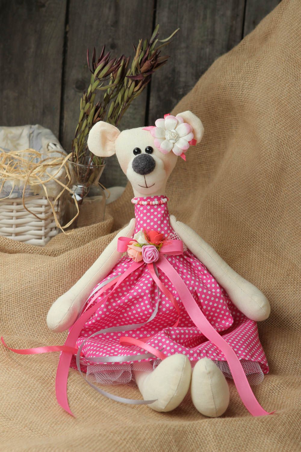 Игрушка ручной работы игрушка мишка в розовом платье оригинальная игрушка  фото 1