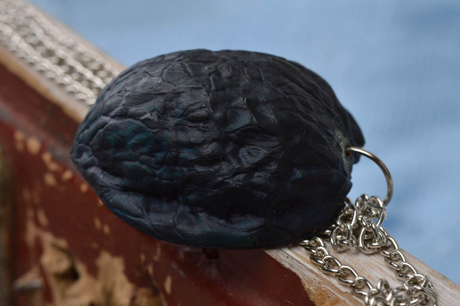 Handmade cute luminous pendant made of nut with metal mask of stranger photo 3