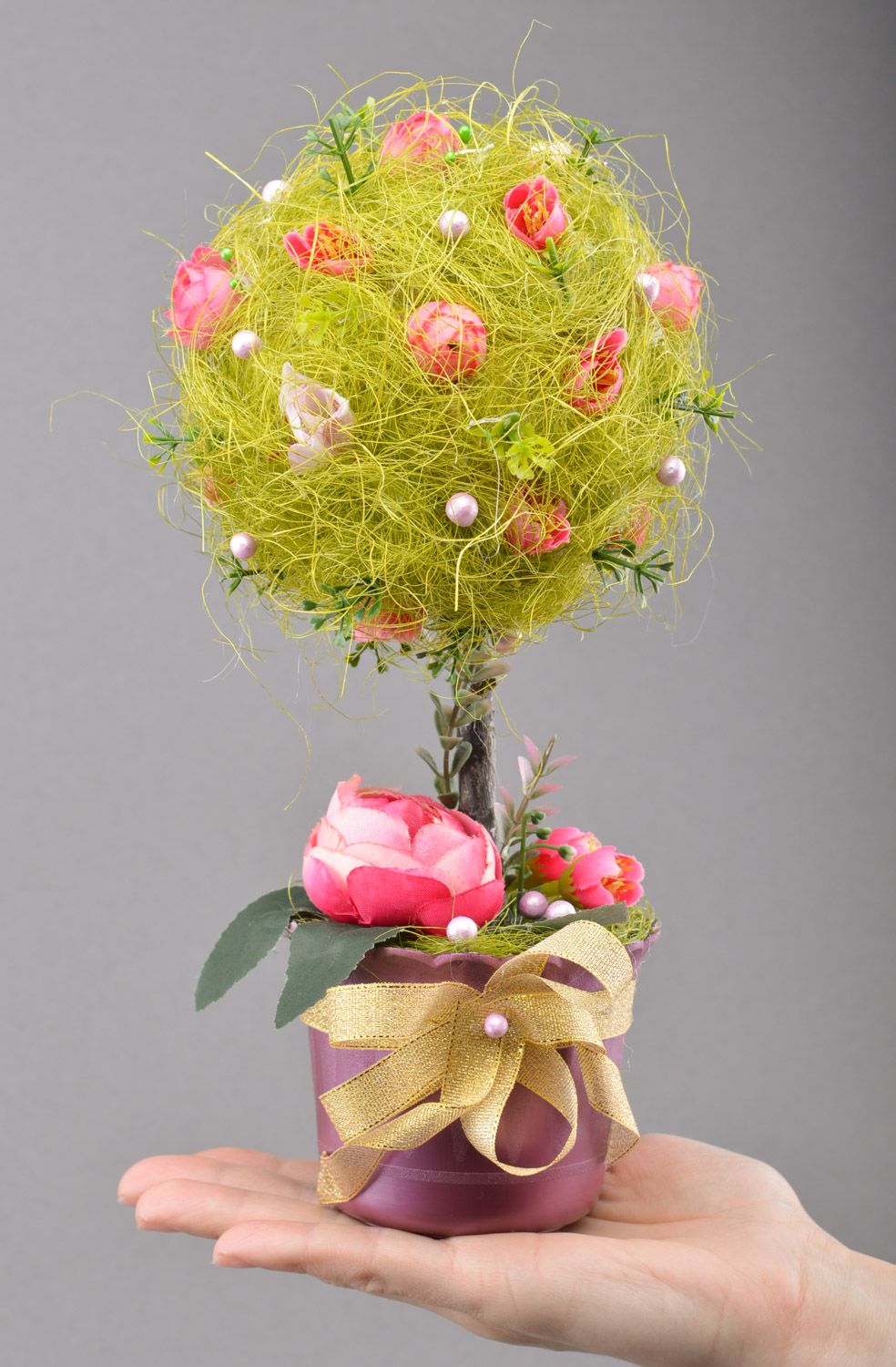 Arbre topiaire décoratif vert en sisal fait main avec fleurs décoration table photo 1