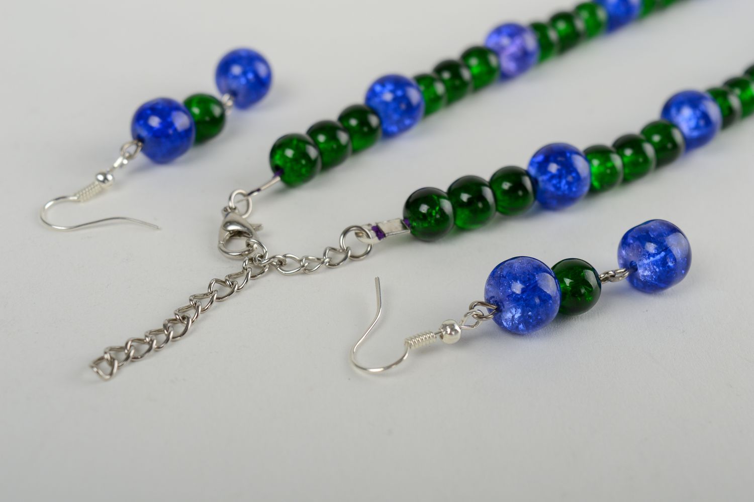Parure de Bijoux perles verre fait main vert-bleu Collier et boucles d'oreilles photo 4