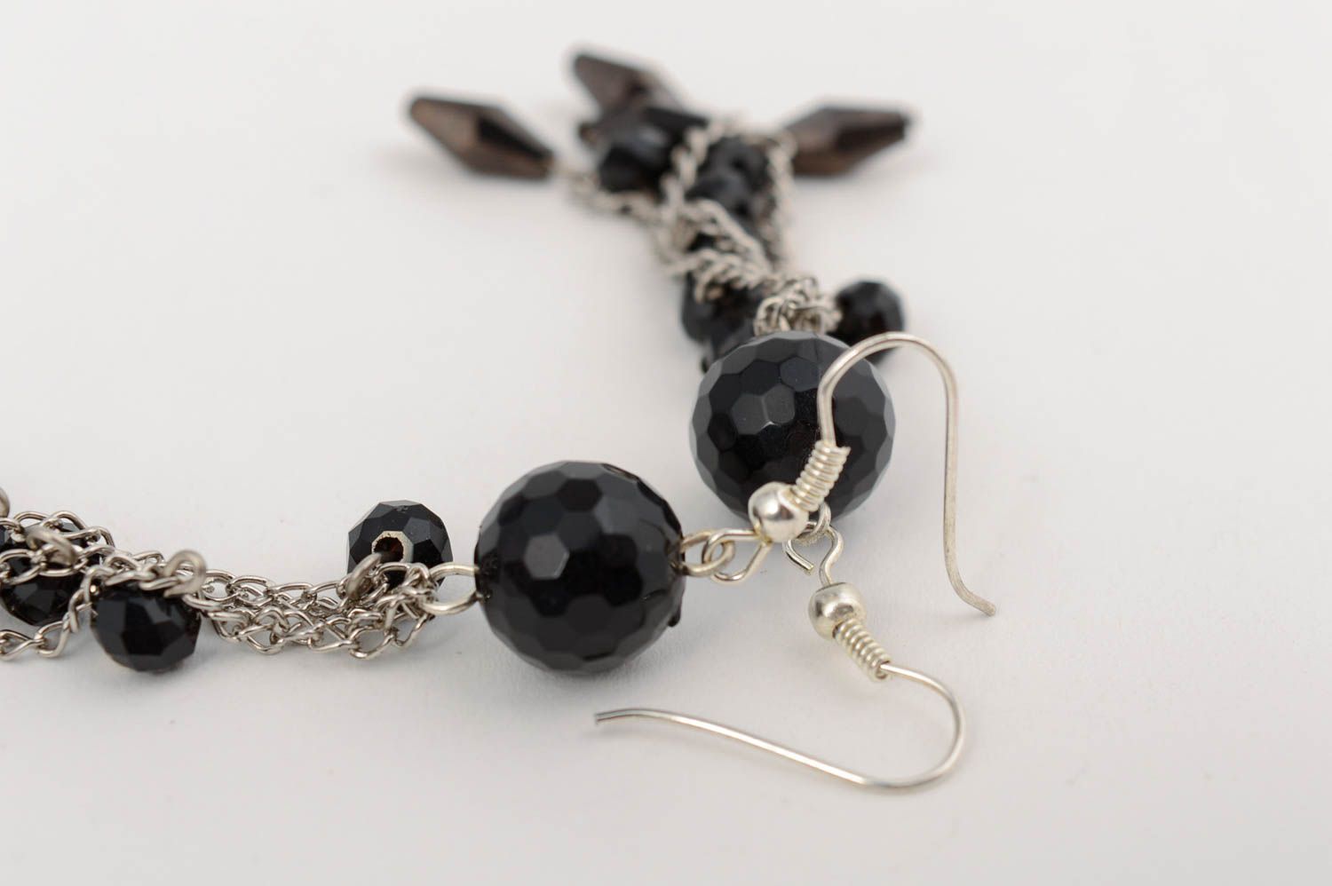 Handmade long dangle earrings with metal chains and black Czech crystal beads photo 3