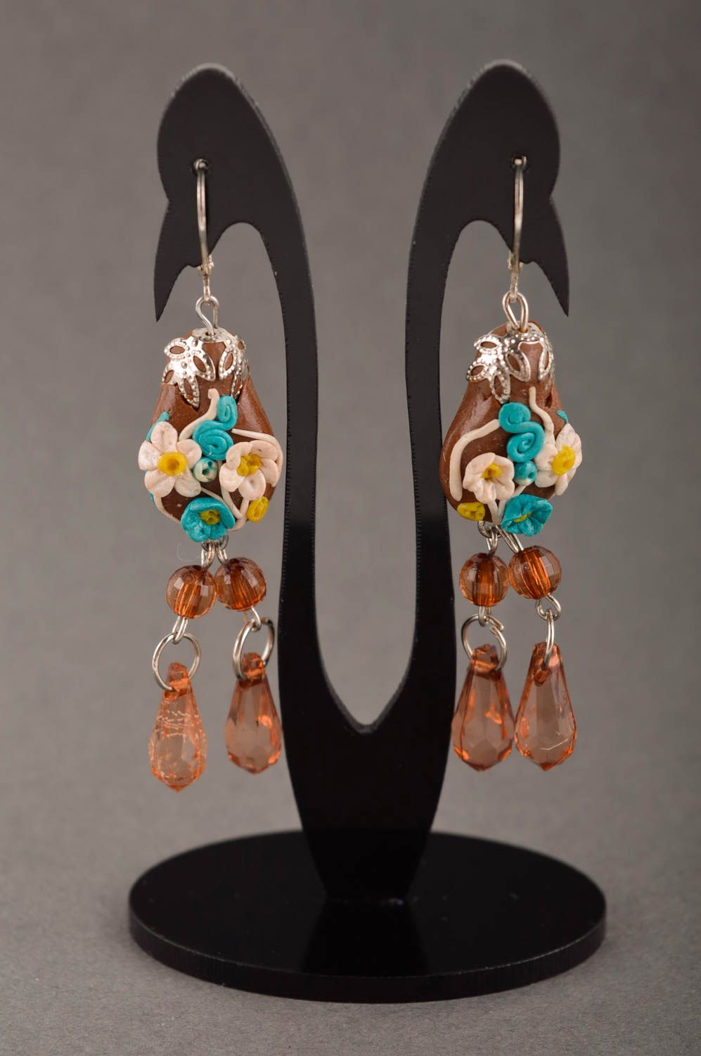 Handmade Designer Schmuck braune Blumen Ohrringe Accessoire für Frauen lang foto 1