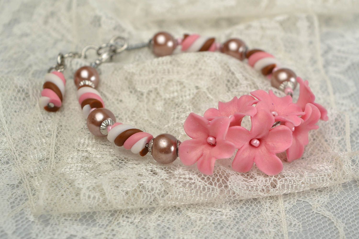 Women's handmade designer polymer clay flower bracelet with pink lilac flowers photo 2