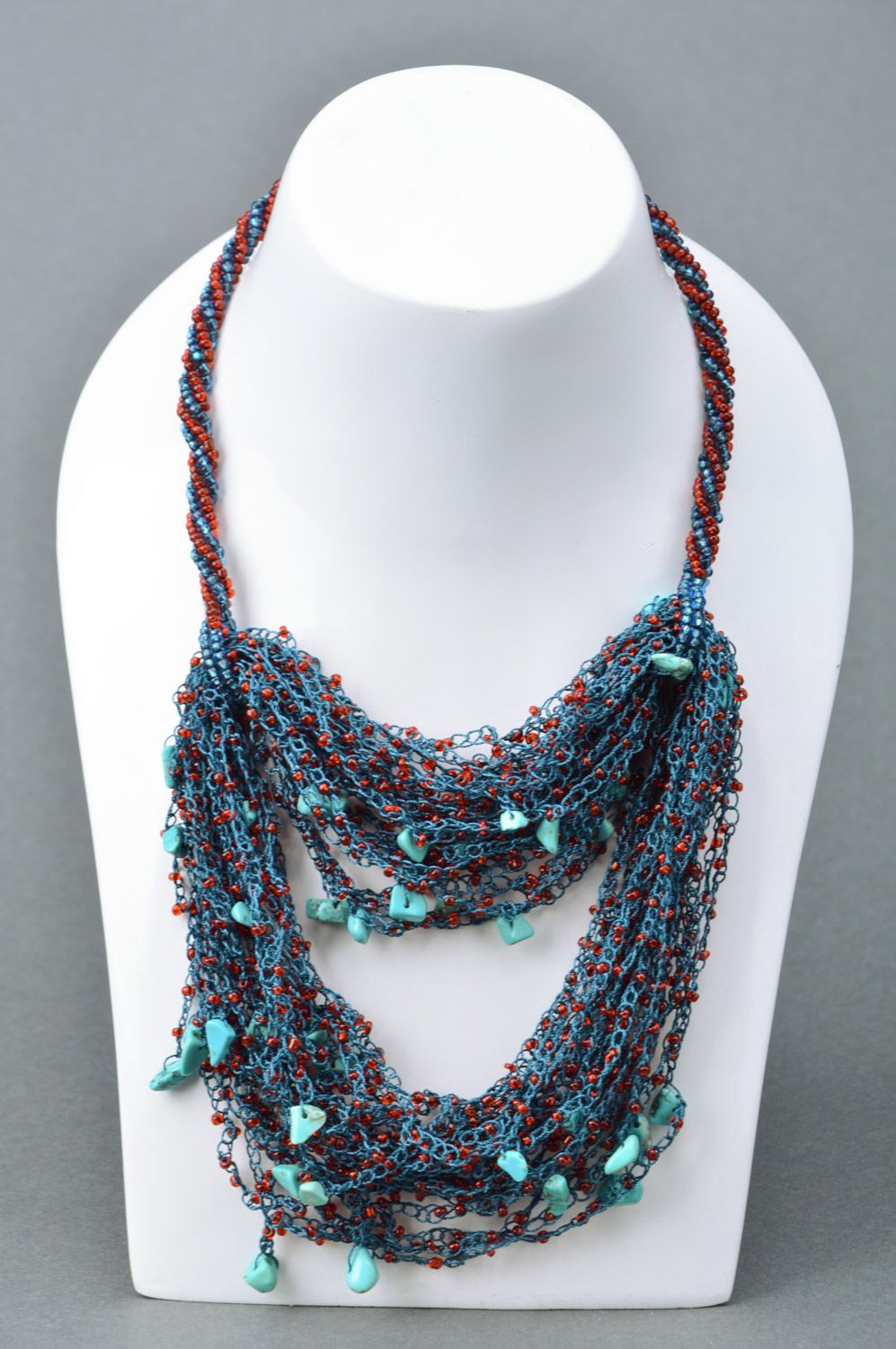 Handmade festive multi row necklace woven of beads and blue coral for women photo 1