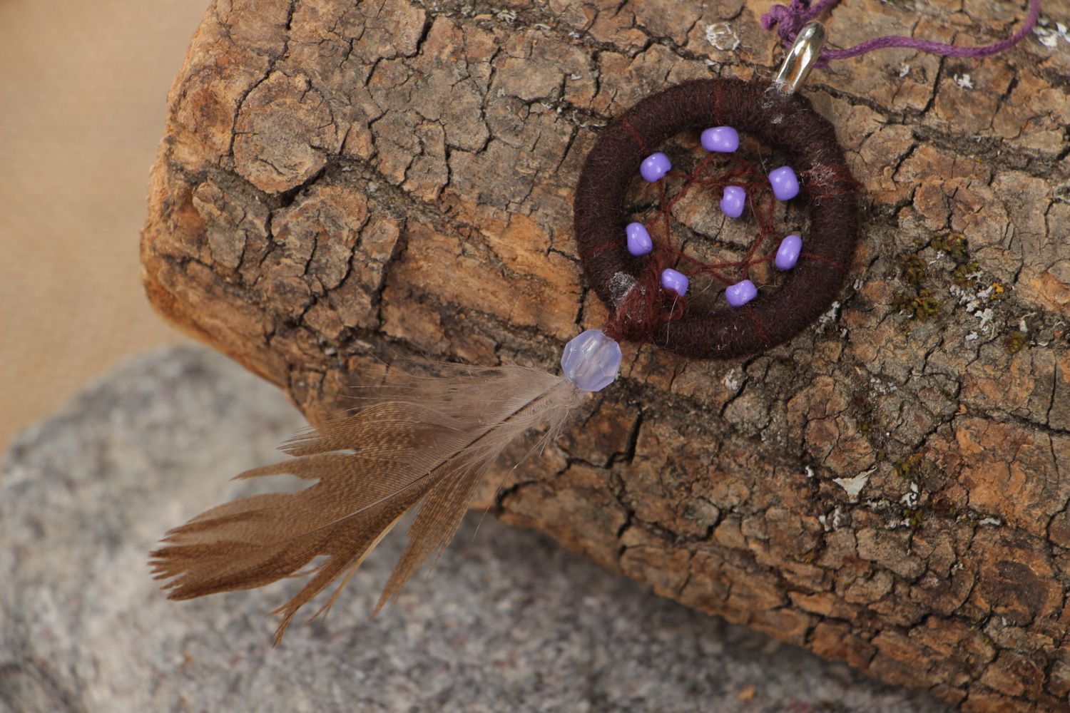 Brown handmade dreamcatcher pendant necklace with natural feather for women photo 4