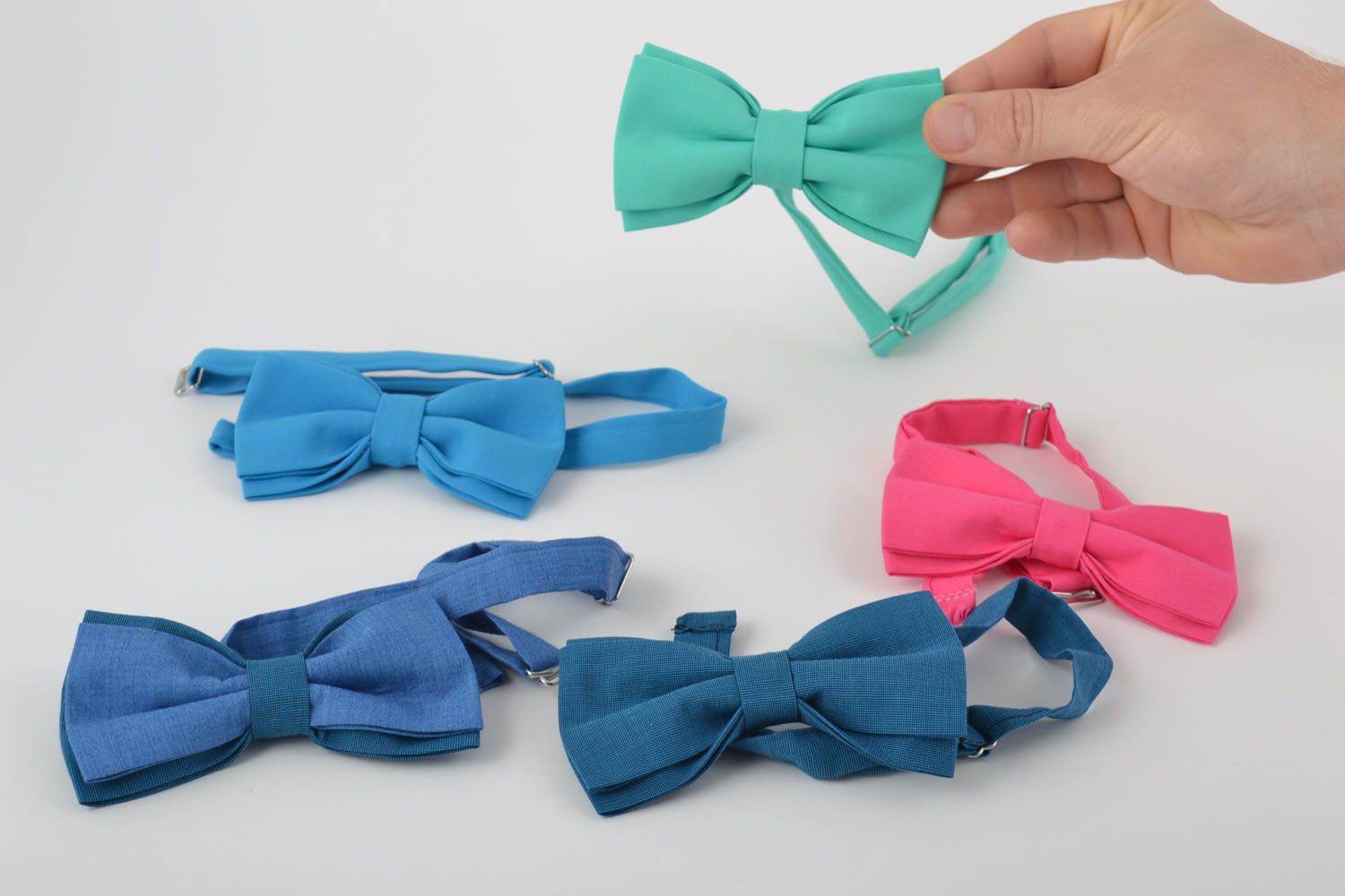 Set of 5 beautiful handmade designer fabric bow ties of different colors photo 4