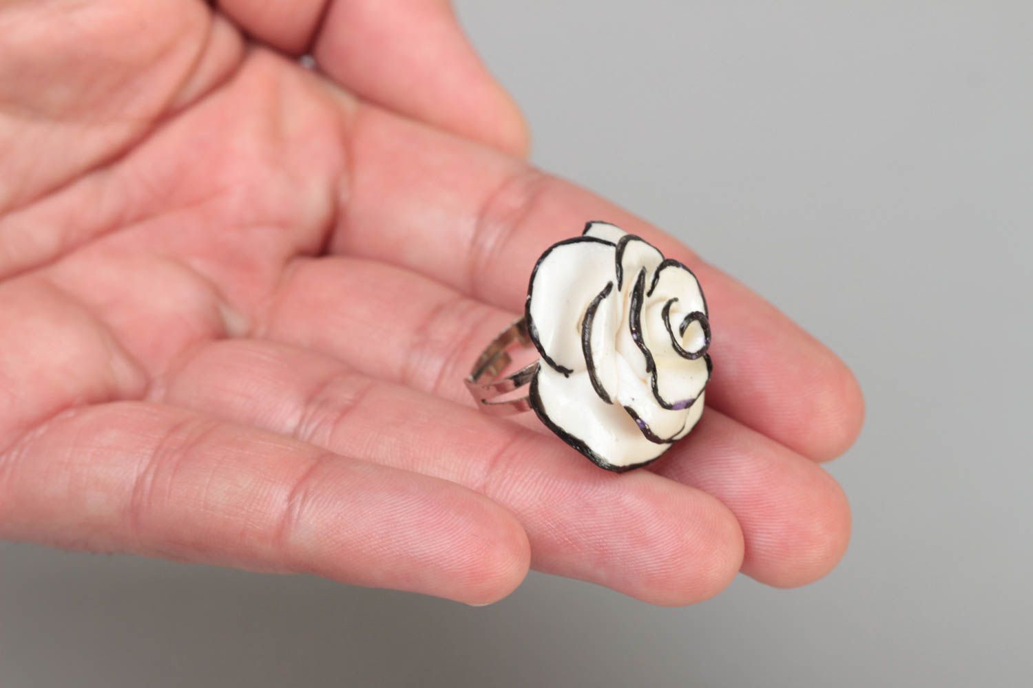 Handmade designer polymer clay floral jewelry ring with white and black rose photo 5