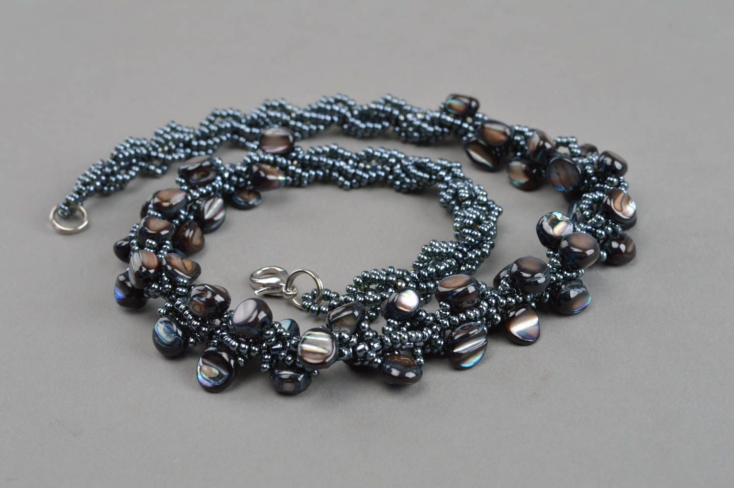 Beautiful black handmade designer beaded necklace with nacre evening jewelry photo 3