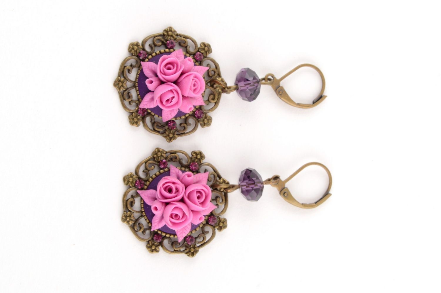 Boucles d'oreilles pendantes avec fleurs roses en pâte polymère faites main photo 3