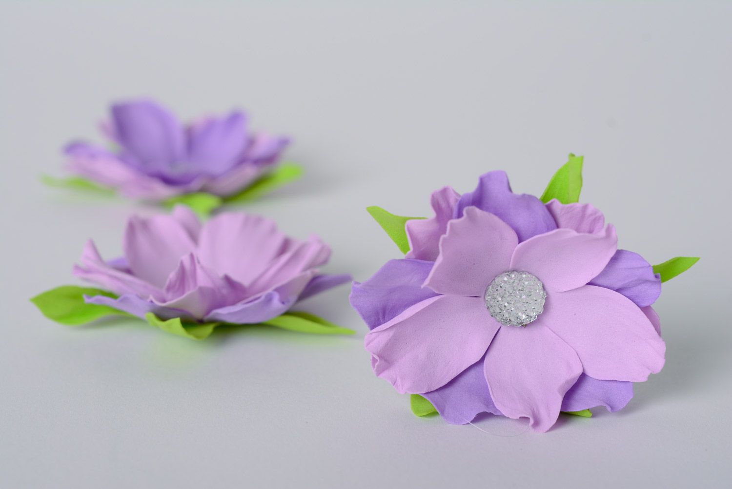 Handmade beautiful foamiran flowers set of 3 pieces with rhinestones of purple color for decor photo 1