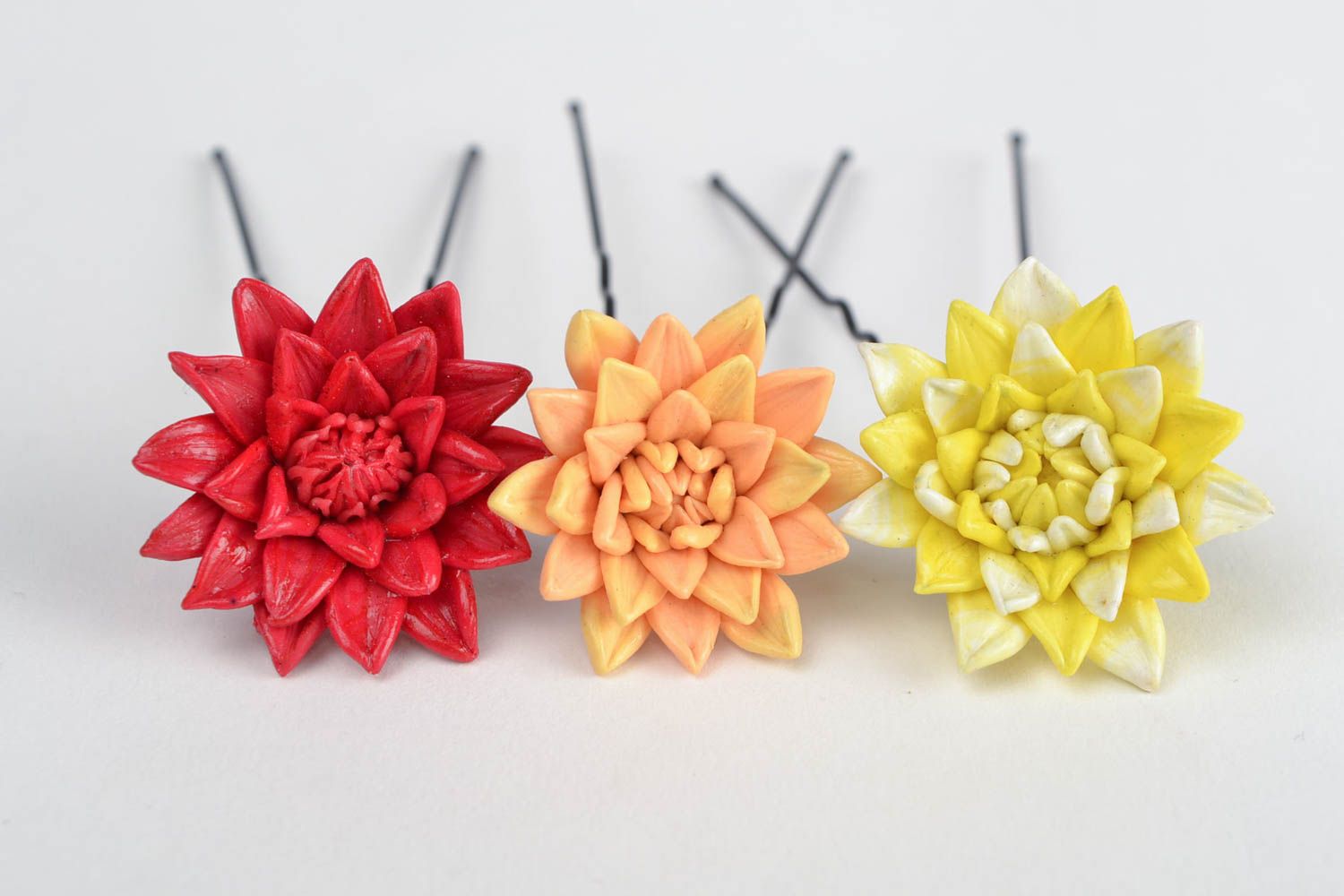 Beautiful handmade designer polymer clay flower hairpins 3 pieces colorful photo 4