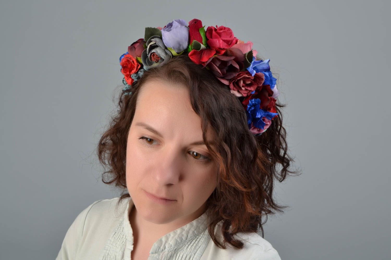 Unusual headband with artificial flowers Red Rose photo 2