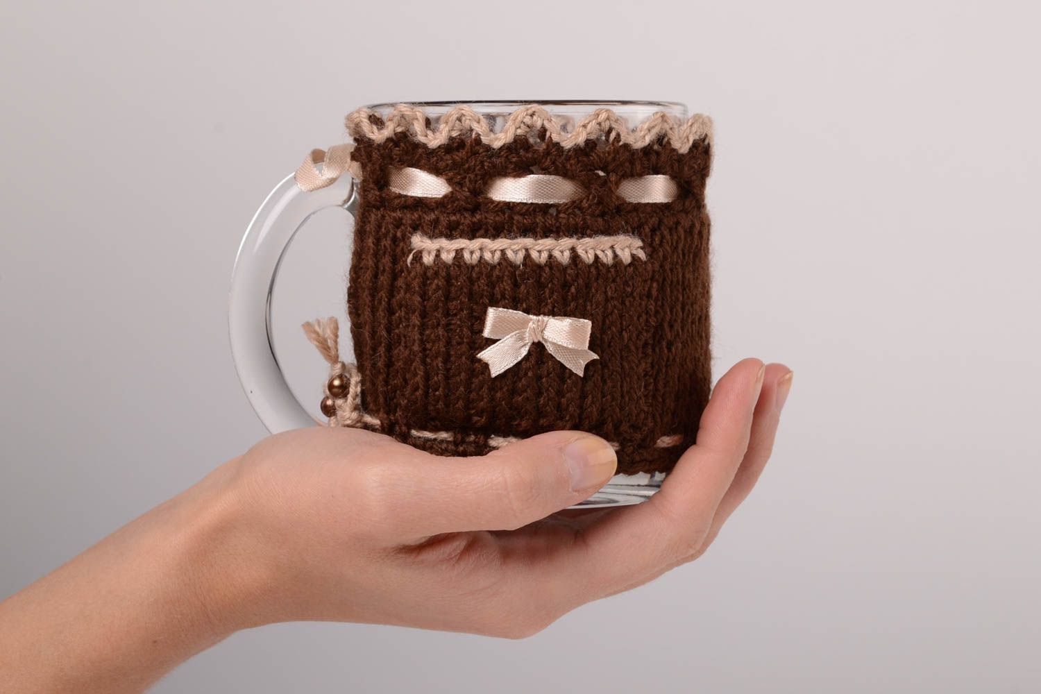 Couvre-tasse tricot fait main couleur café fils acryliques Pull pour mug textile photo 2