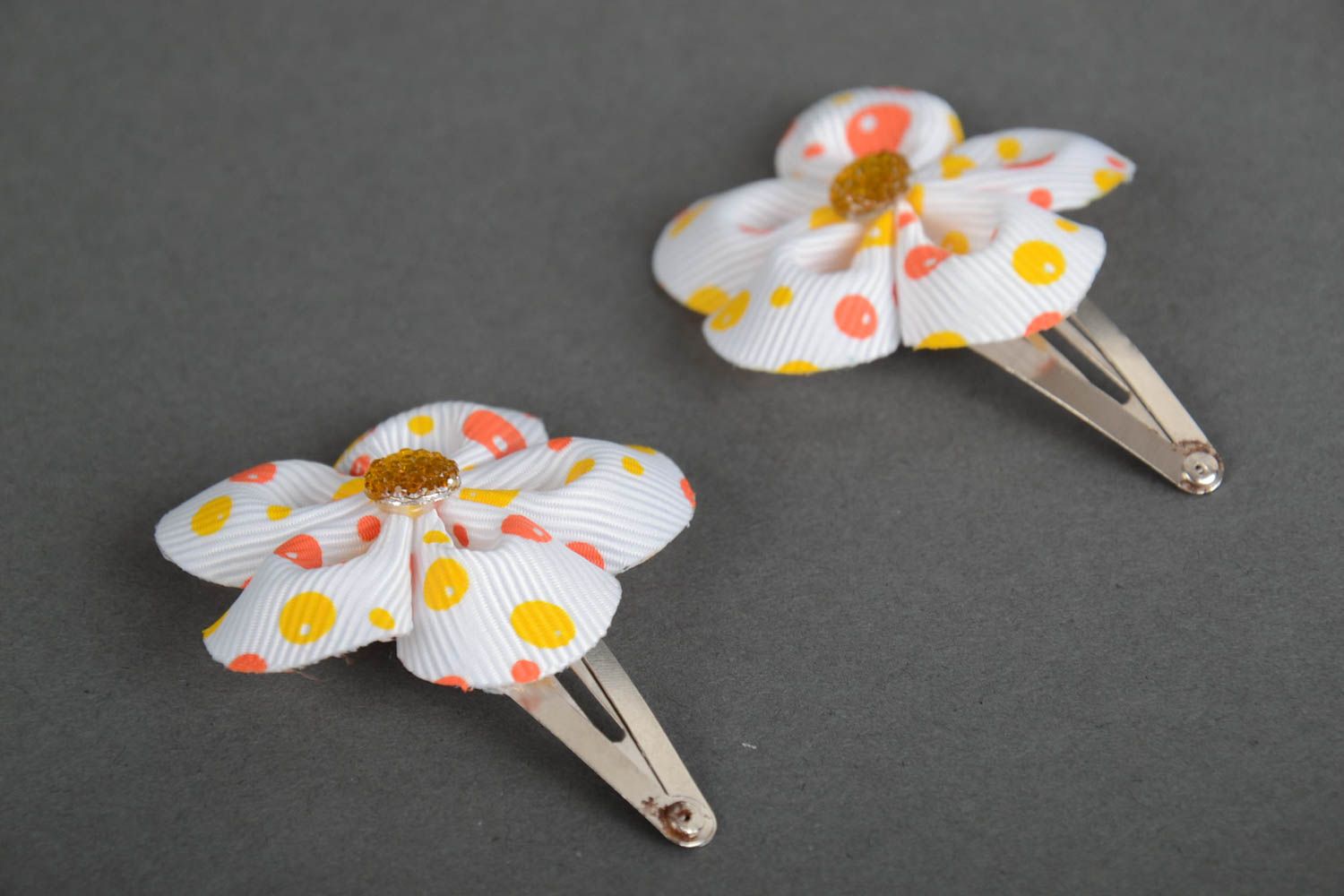 Beautiful handmade designer satin flower hair clips 2 pieces polka dot photo 2