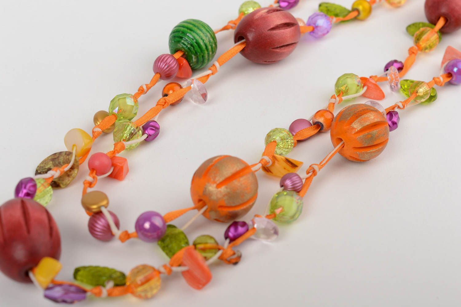 Handmade long designer necklace with colorful wooden and plastic beads photo 2