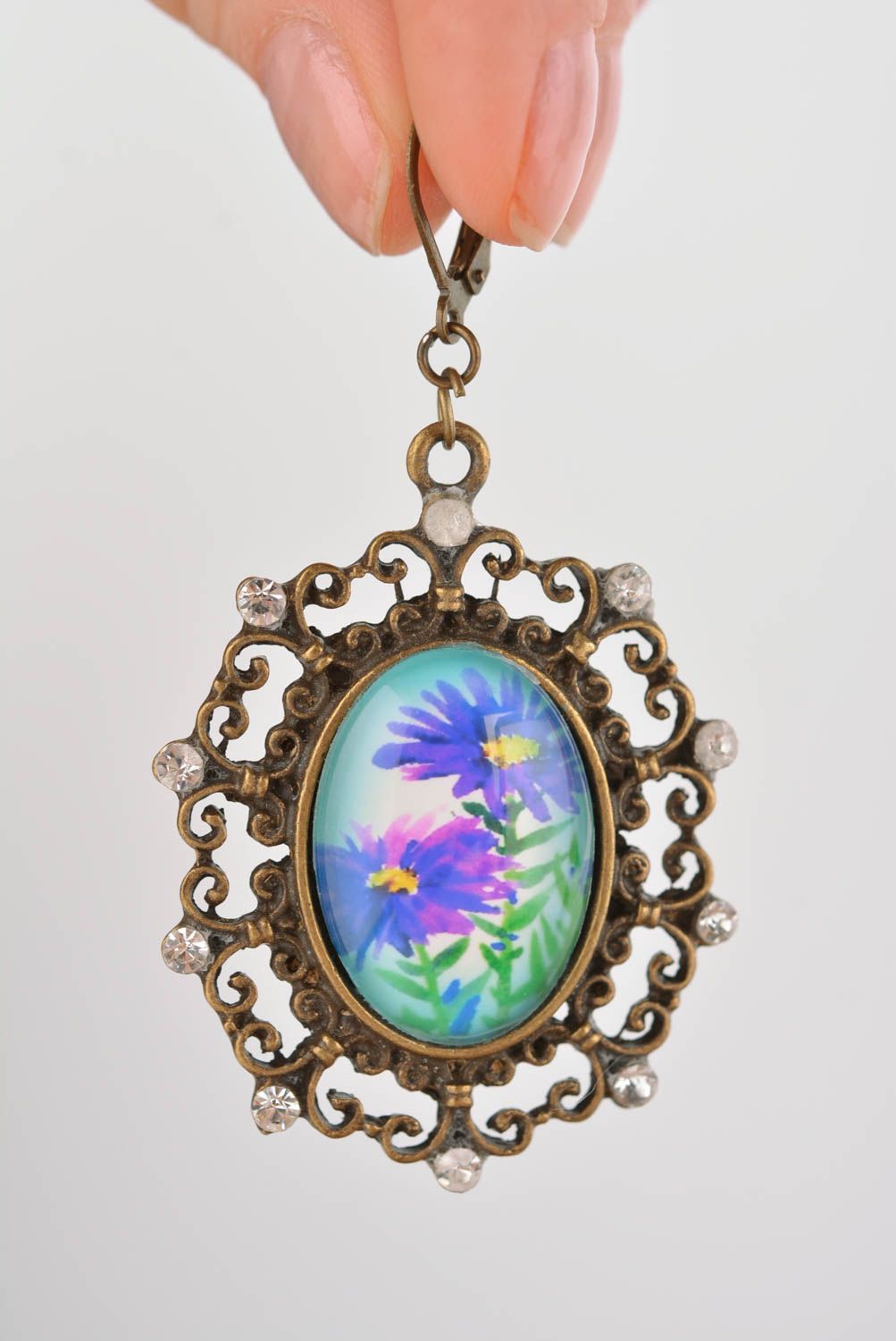 Handmade Cabochon Ohrringe Metall Schmuck Accessoire für Frauen mit Blumen oval foto 3