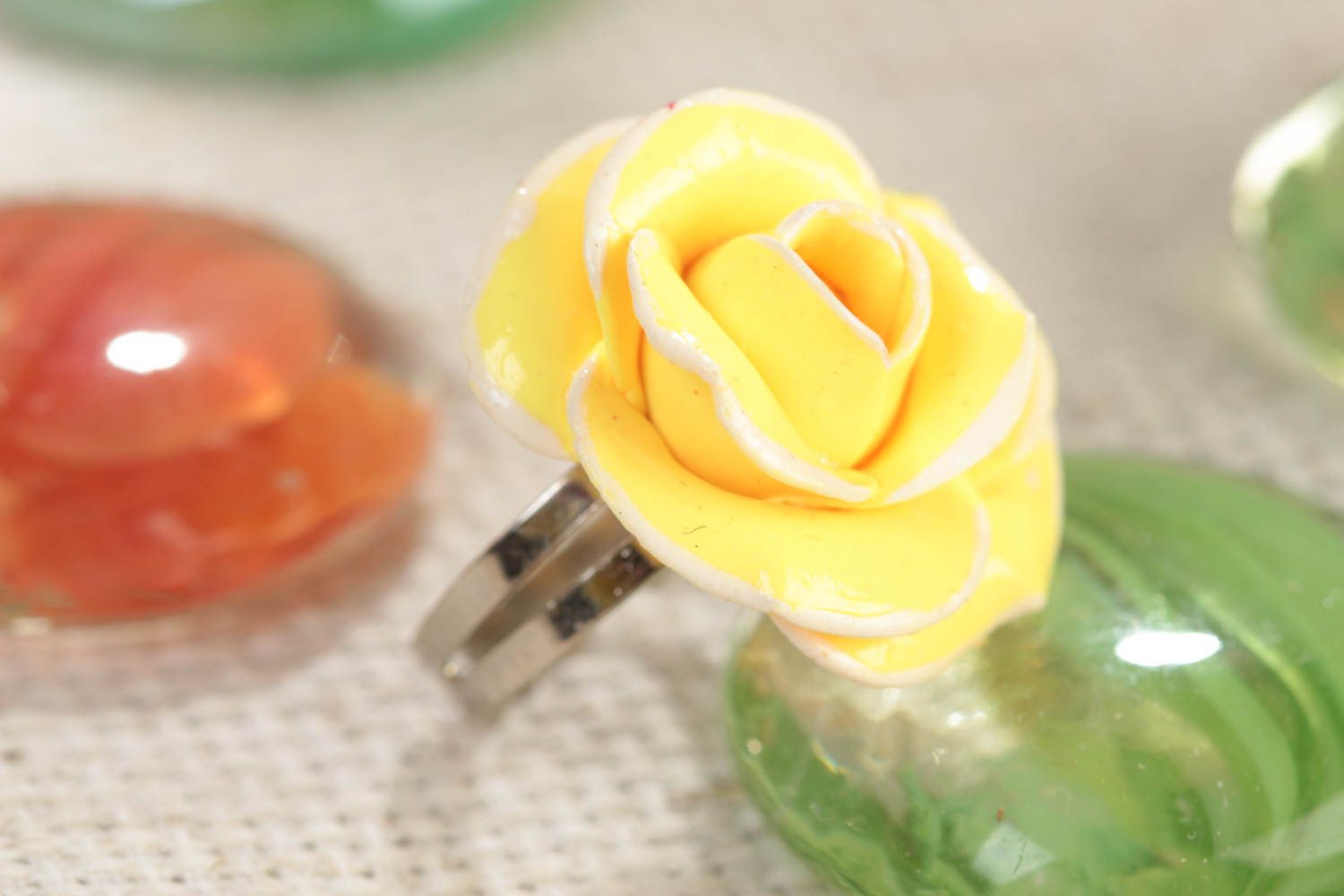 Handmade jewelry ring with polymer clay yellow rose flower and metal basis photo 1