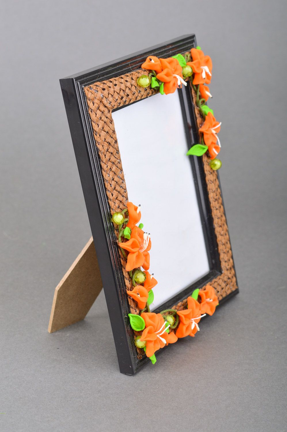 Handmade woven rectangular photo frame with polymer clay flowers  photo 5