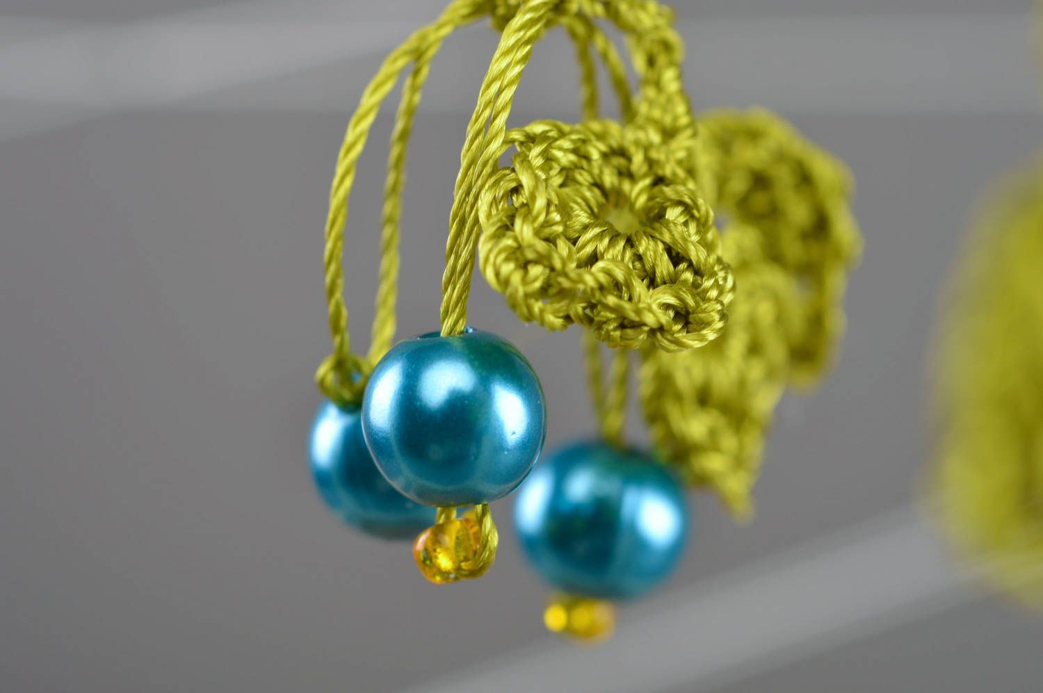 Green thread earrings with beads beautiful gentle handmade summer accessory photo 2