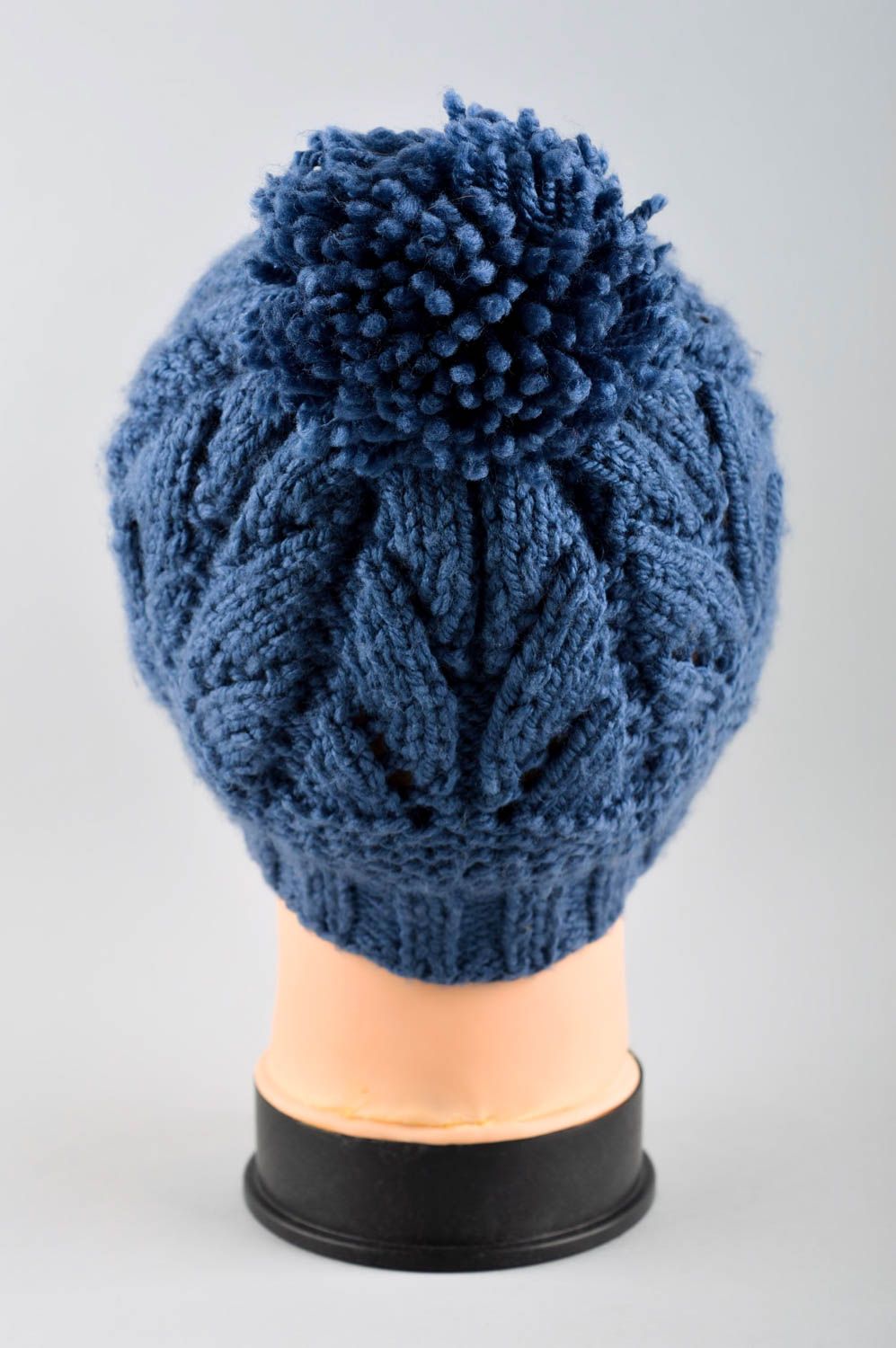 Handmade blue cap with pompon unusual knitted cap winter warm hat for women photo 4