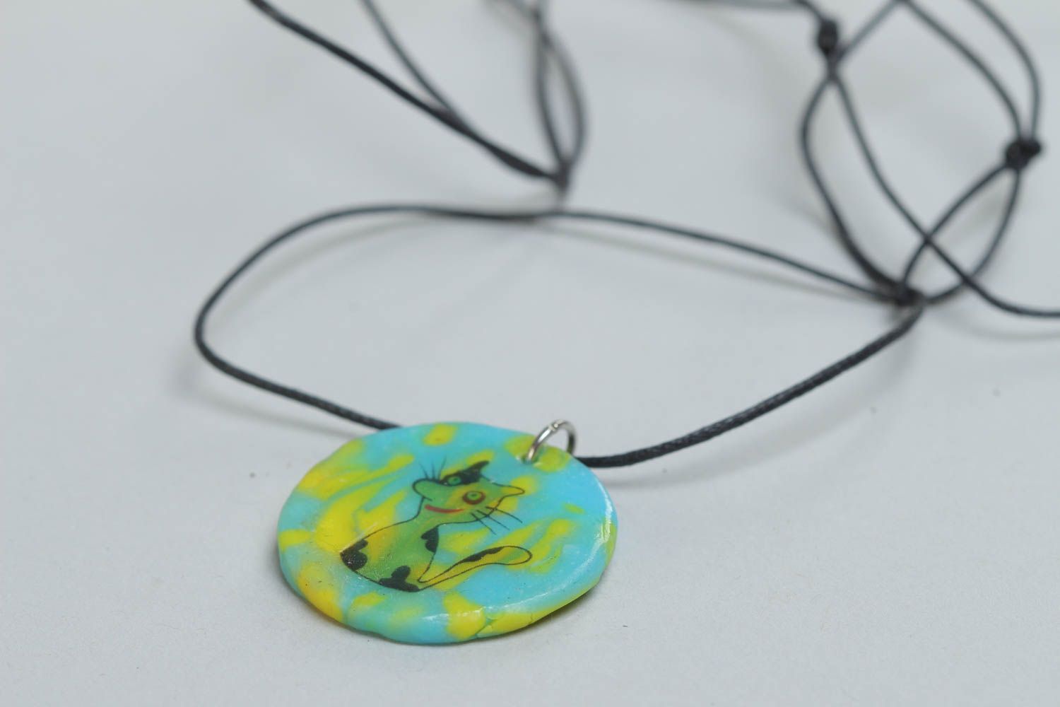 Handmade polymer clay pendant round yellow with blue cord with Cat print photo 3