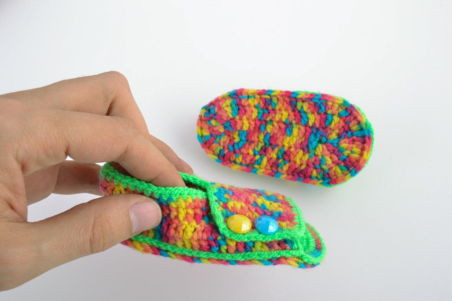 Green handmade knitted cotton baby booties in the shape of sandals with buttons photo 2