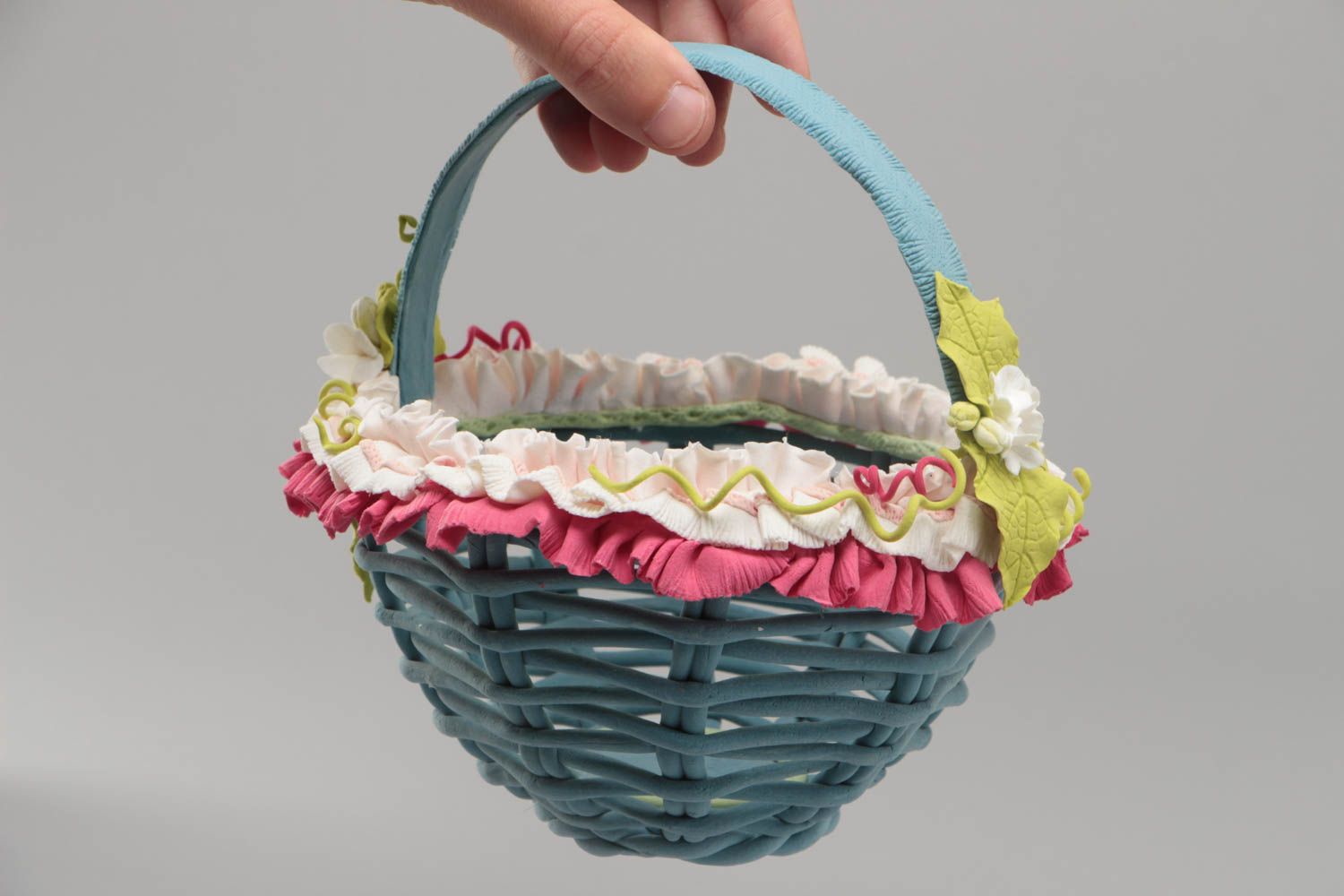 Small blue handmade molded polymer clay basket interior statuette photo 5