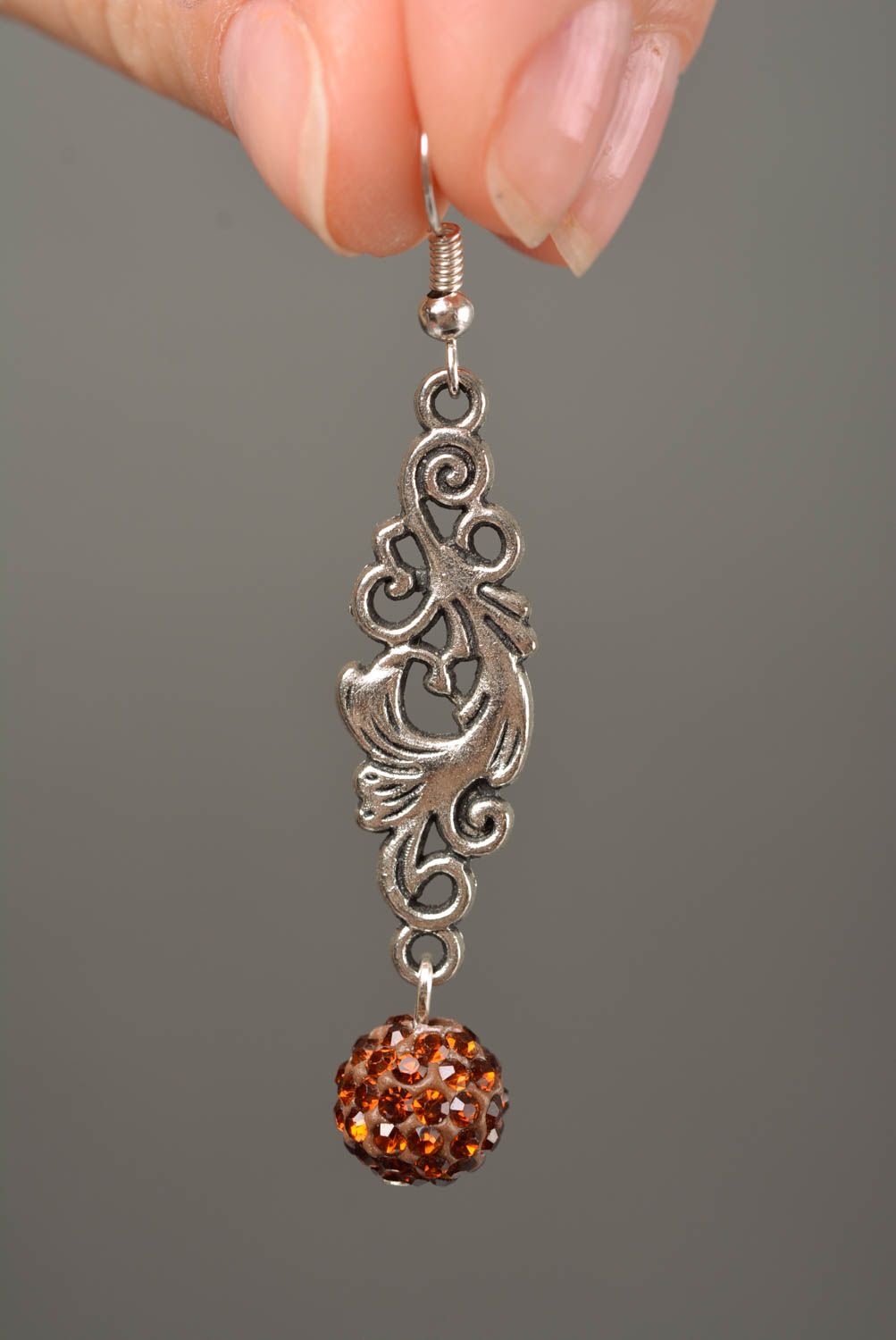 Metal earrings with rhinestones female long beautiful handmade accessory photo 2