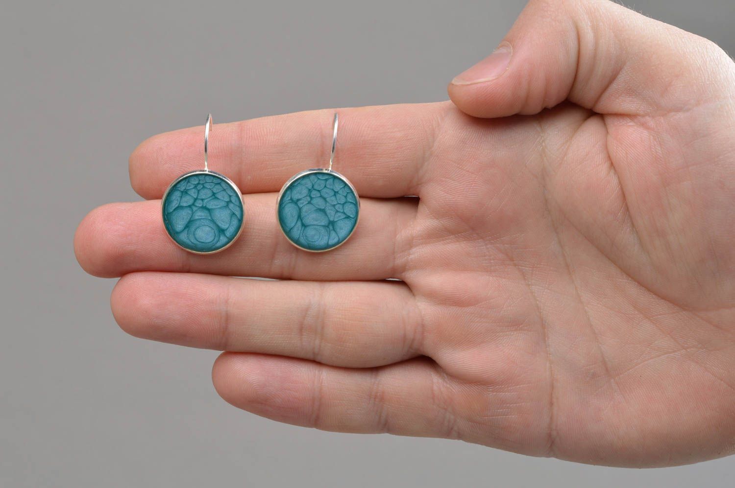 Handmade designer round blue decoupage dangling earrings with epoxy resin  photo 4