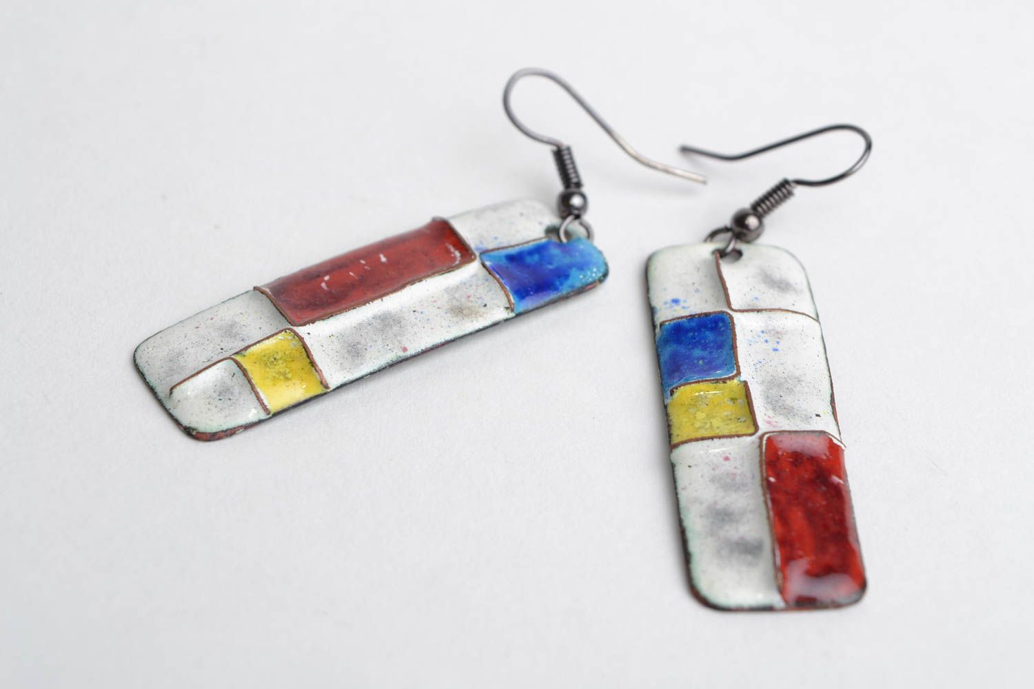 Handmade long rectangular copper earrings painted with colorful enamels Geometry photo 3