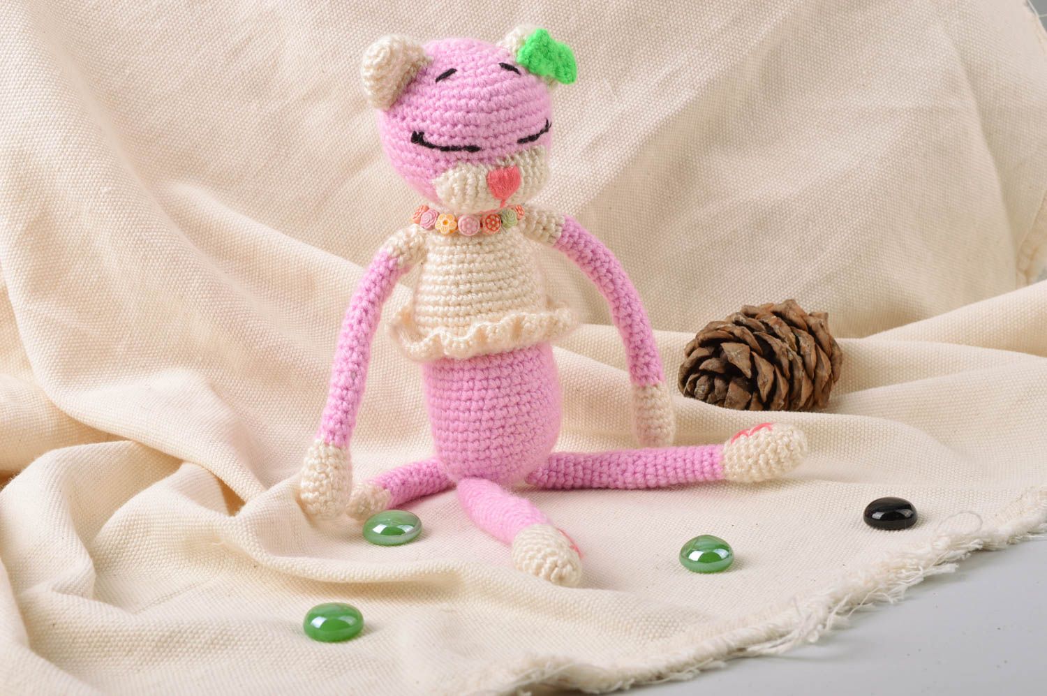 Handmade designer crocheted soft toy pink cat in dress with green bow  photo 1