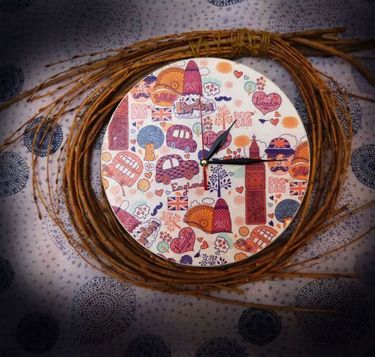 Colorful handmade designer wall clock decorated using decoupage technique London  photo 1