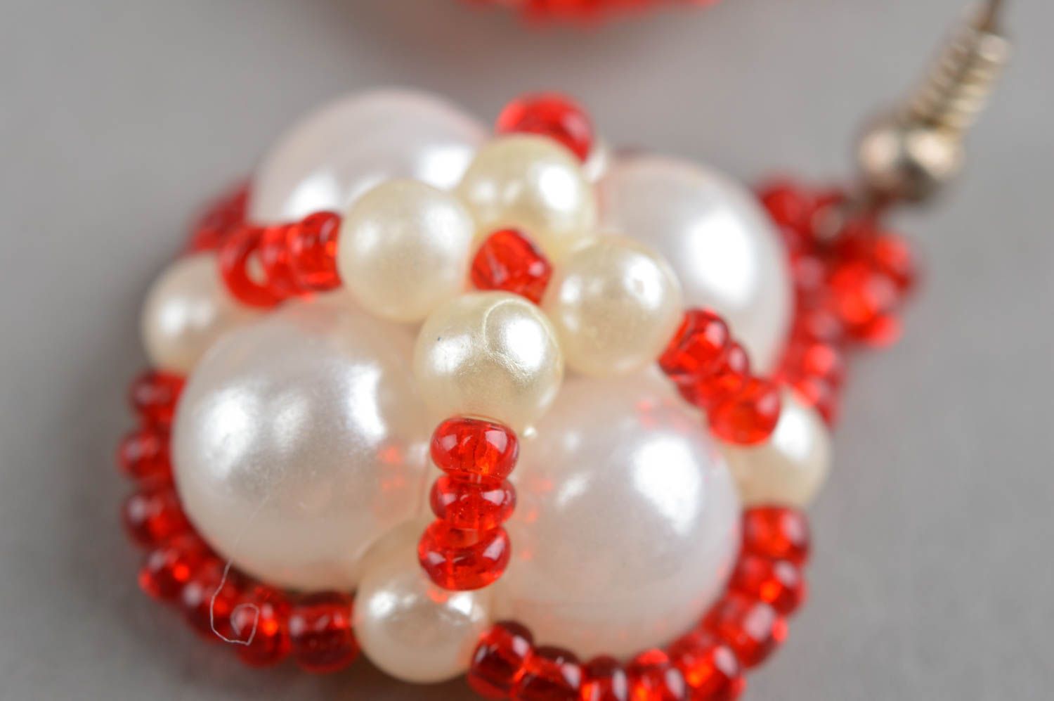 Handmade beaded earrings red and white accessories unusual designer jewelry photo 5