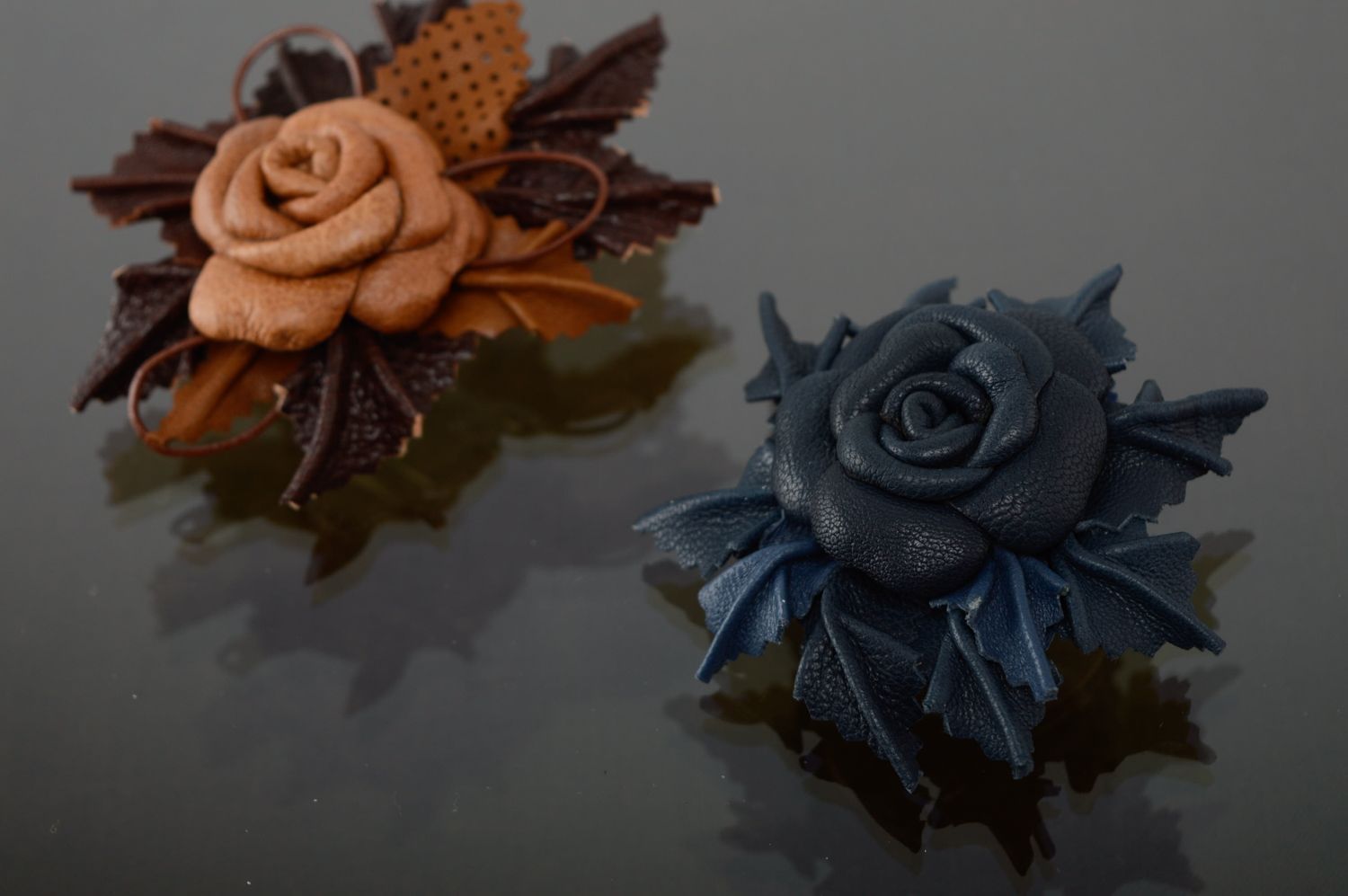 Blue leather floral brooch-hair clip photo 5