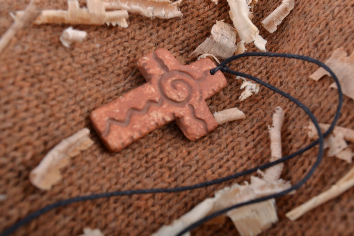 Unusual handmade clay cross pendant painted with engobes photo 1