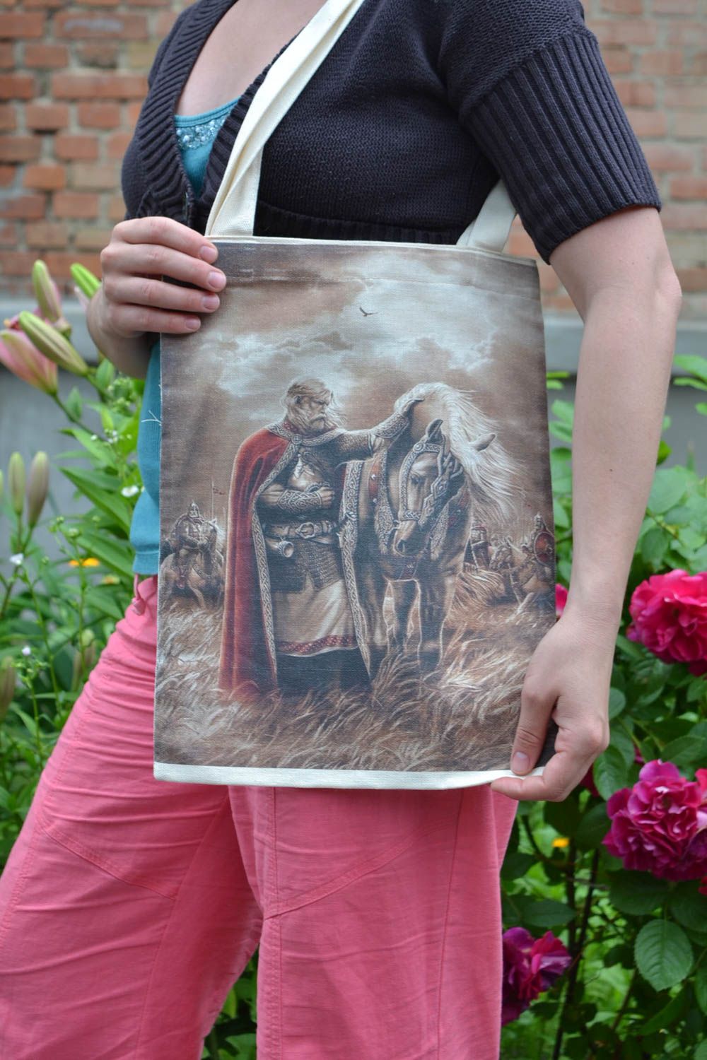 Female handmade big unusual textile bag with print Warrior photo 1
