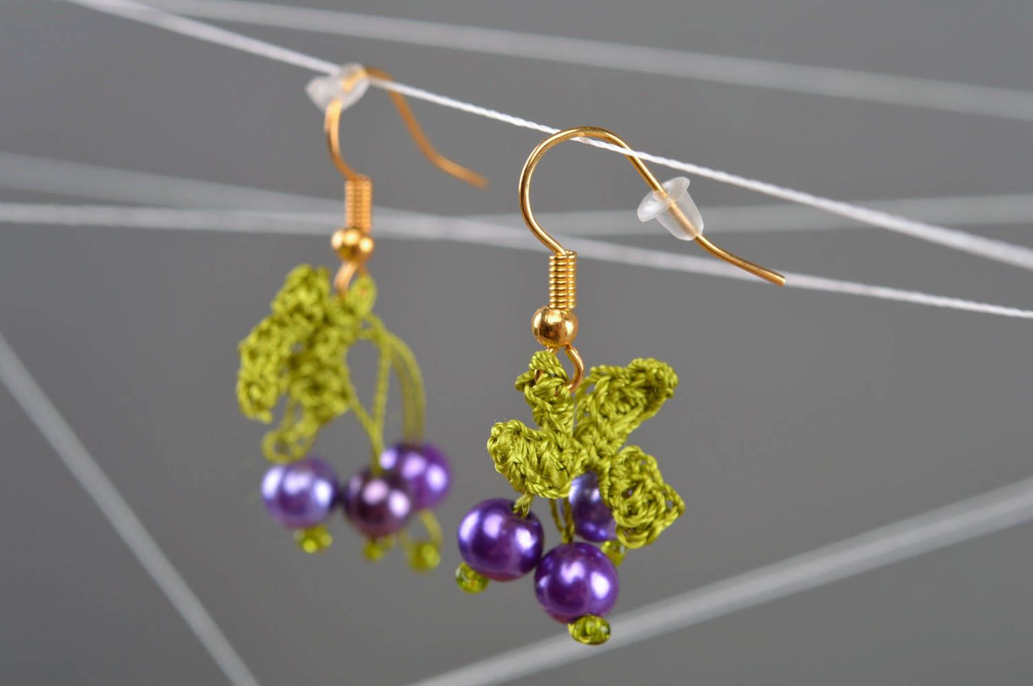 Elegant crocheted earrings with beads in the form of currant  handmade jewelry photo 1